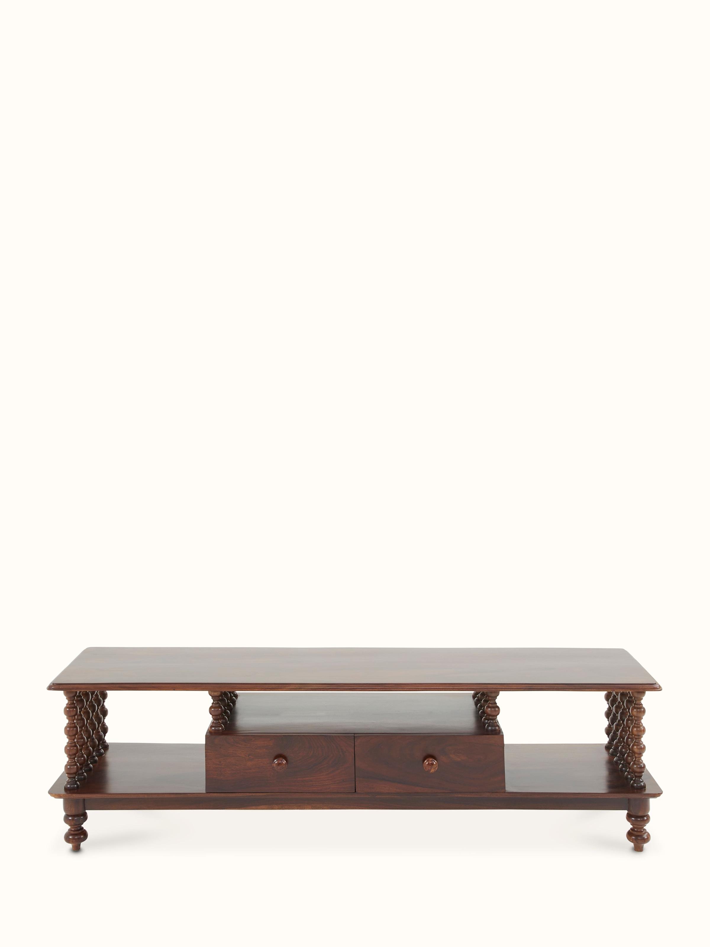 Front view of Sheesham wood entertainment unit showcasing its sleek design and ample storage space