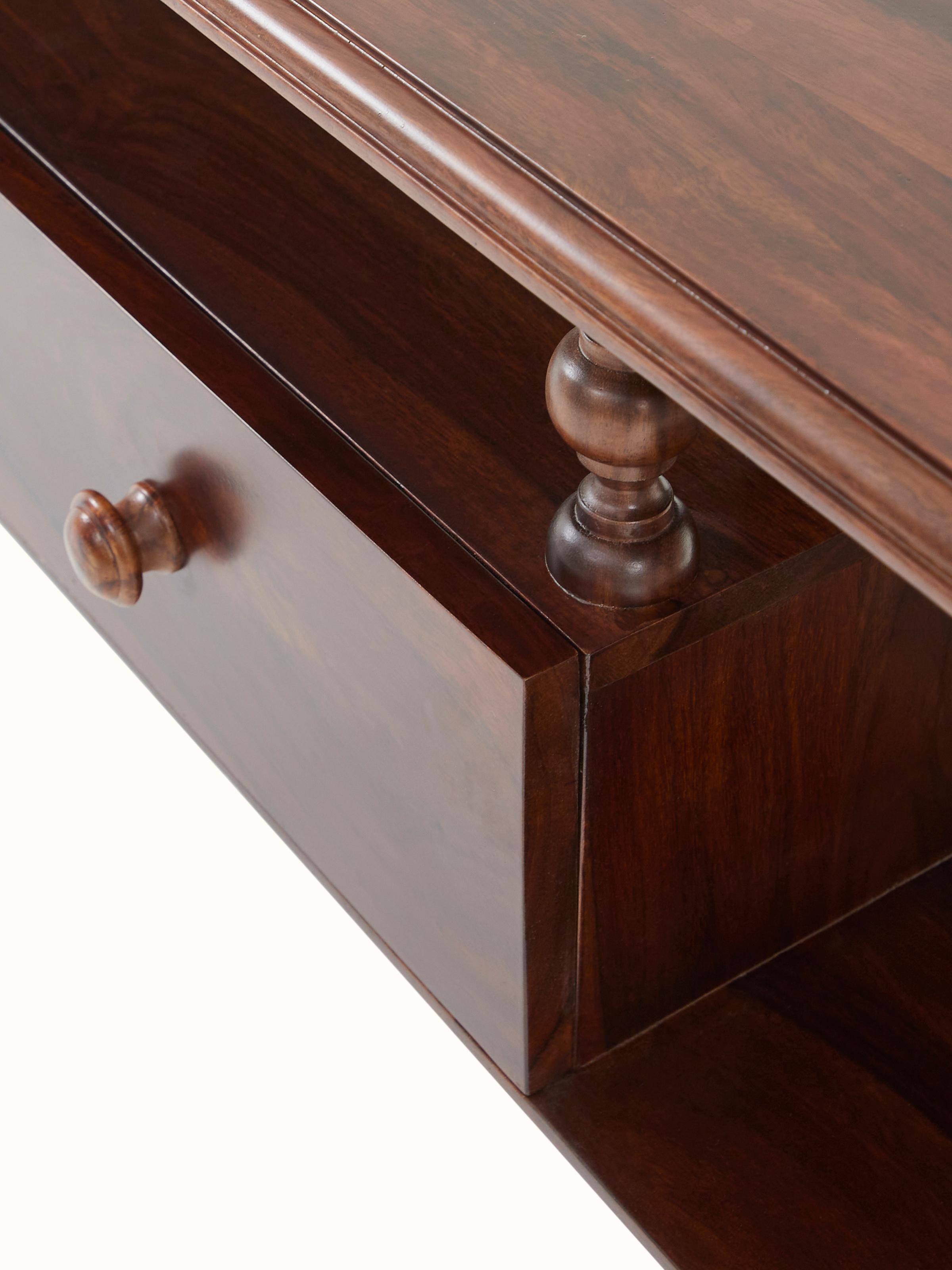 View of Sheesham wood entertainment unit with emphasis on the interior shelving and organizational features