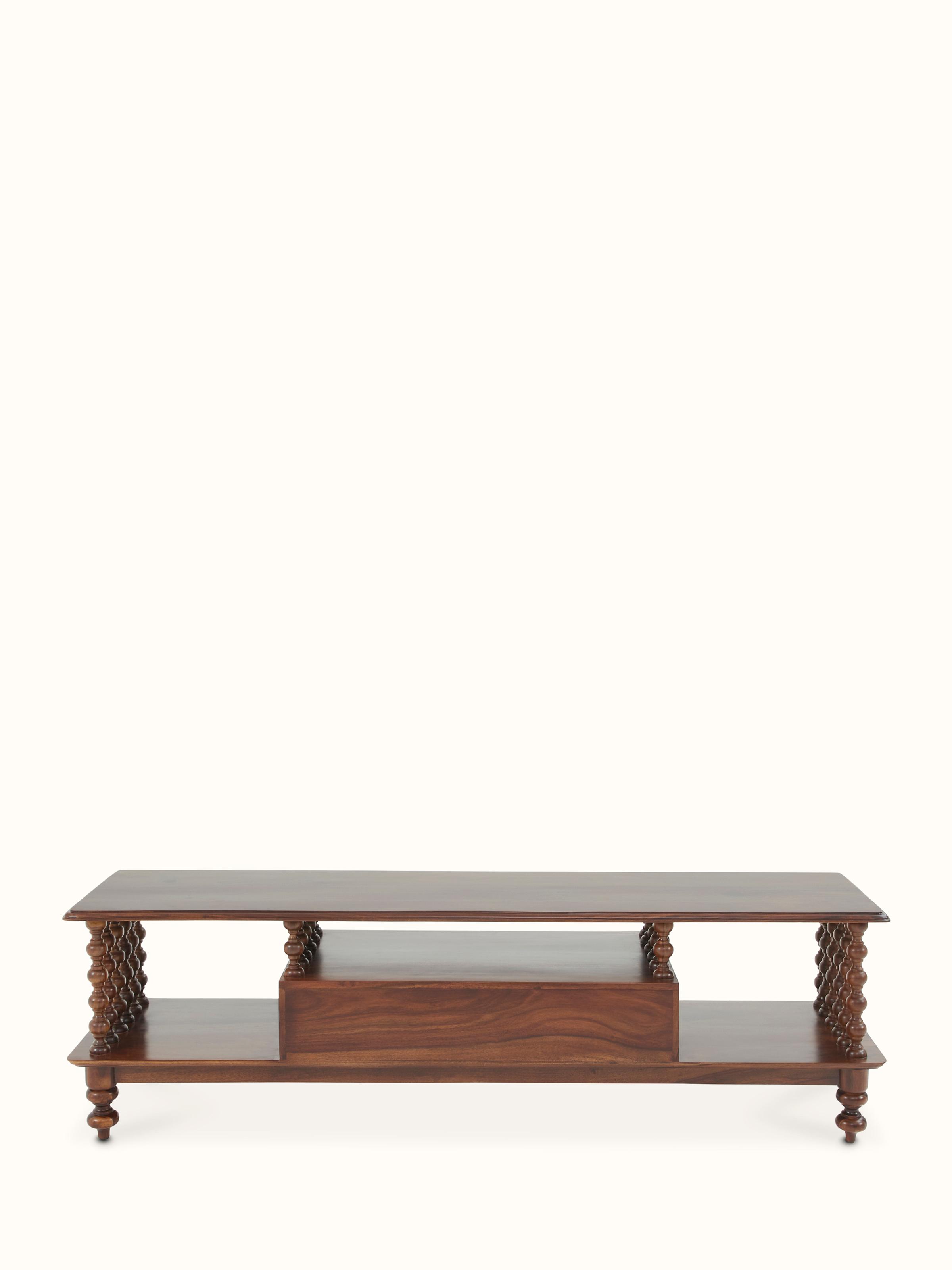 Top-down view of Sheesham wood entertainment unit, showcasing the surface area and overall structure