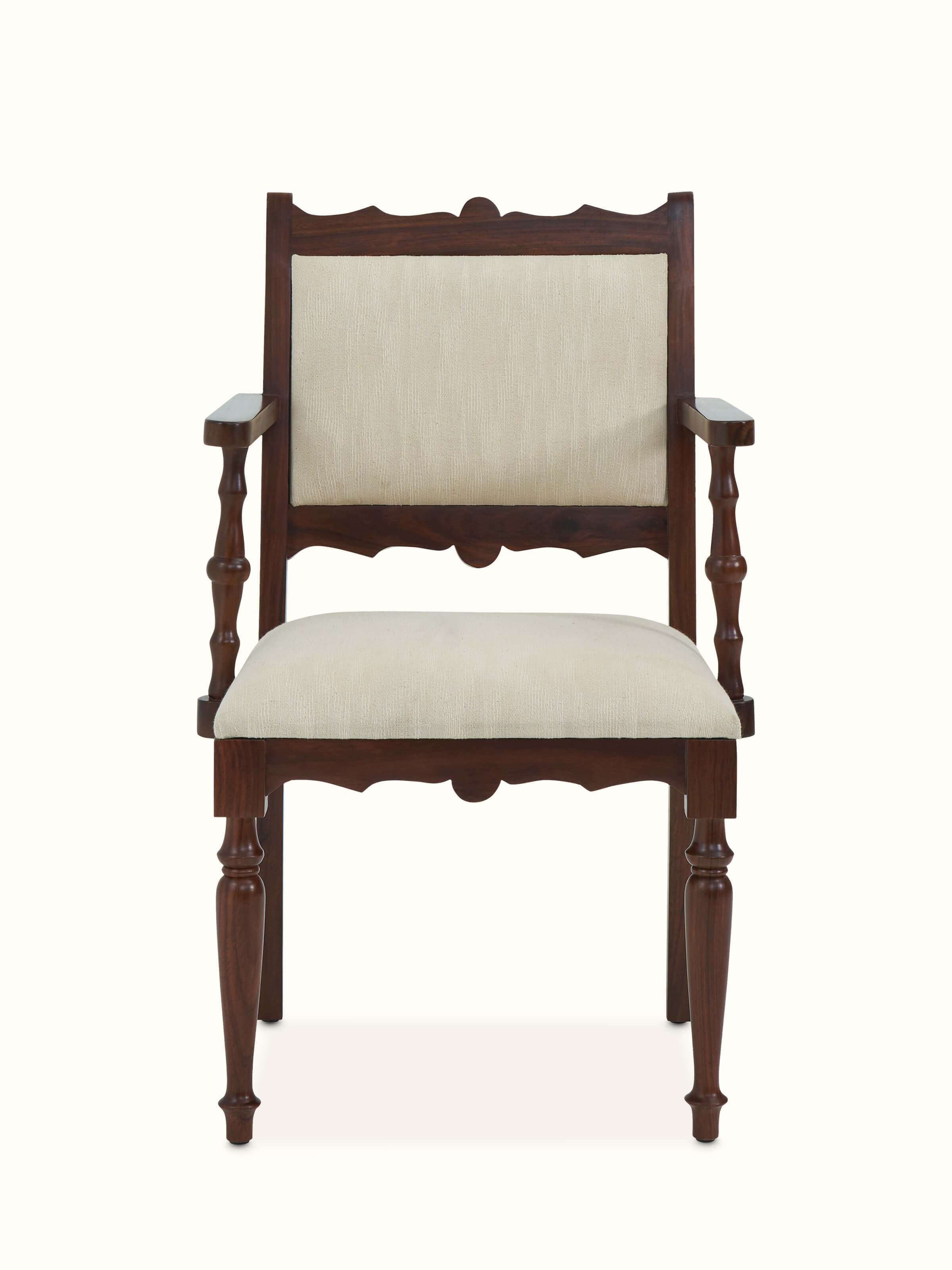 Front view of the upholstered Sheesham wood study chair, showcasing its classic design and comfortable upholstery