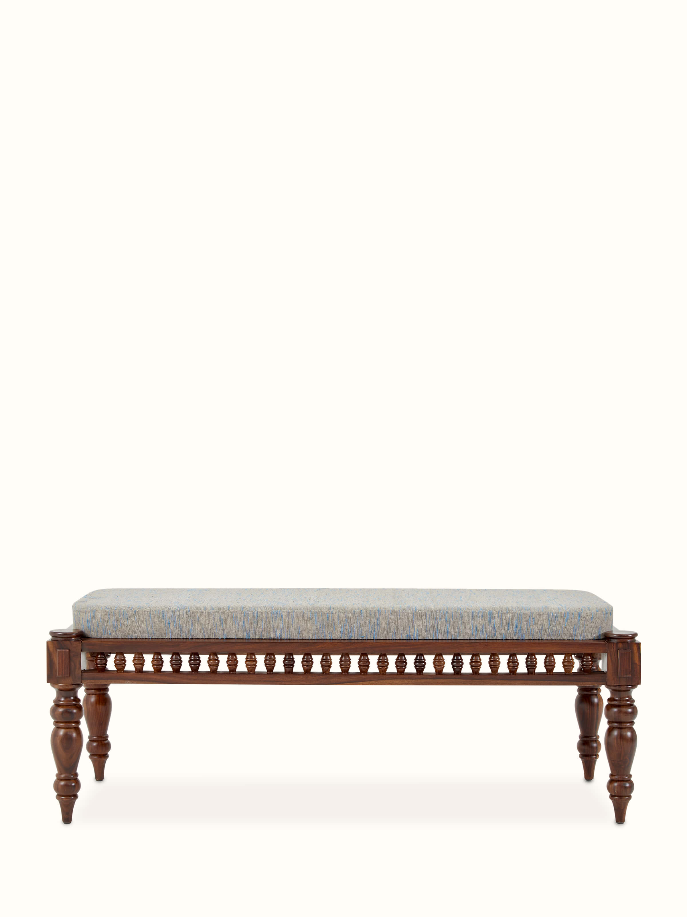 Front view of the upholstered Sheesham wood 2-seater bench, showcasing its rich wood finish and comfortable seating.