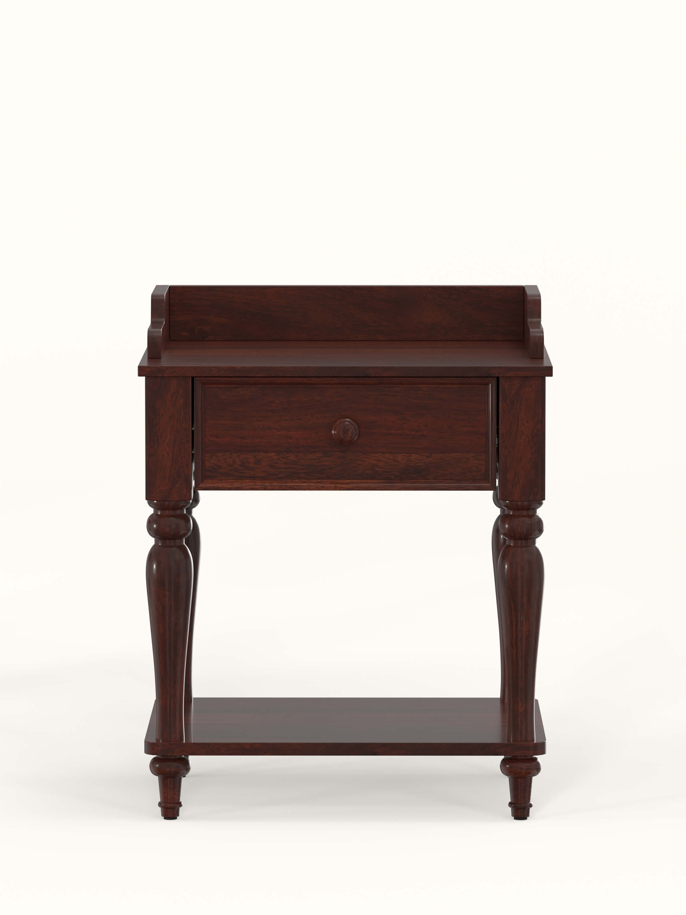 Front view of the teak finish Sheesham wood bedside table, showcasing its rich finish and sleek design