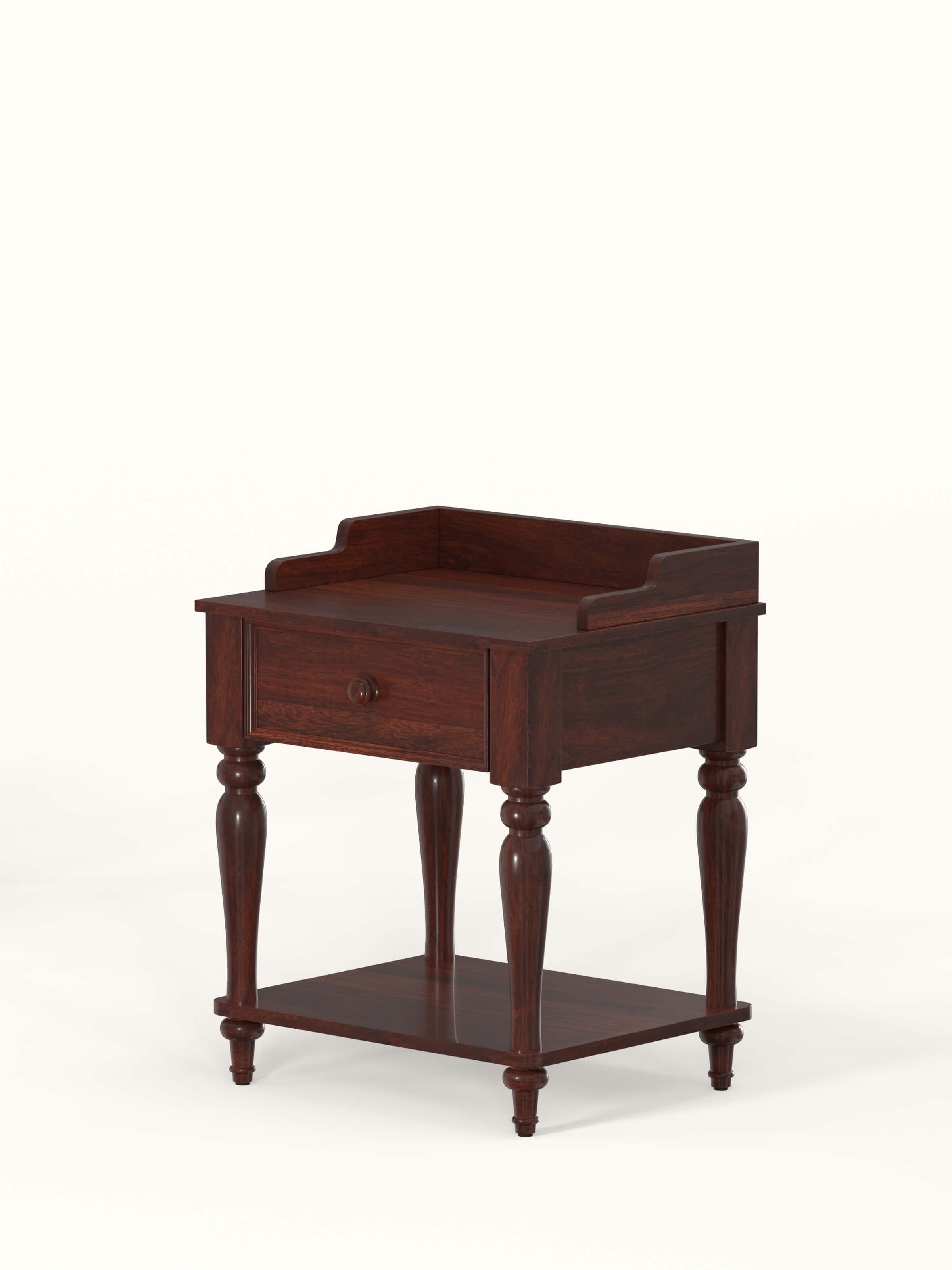 Side view of the teak finish Sheesham wood bedside table, highlighting its clean lines and sturdy construction
