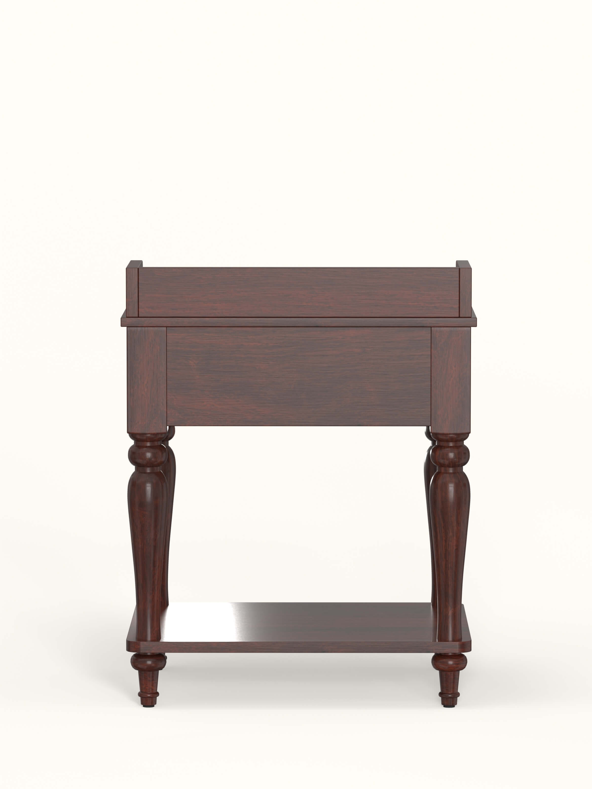 Close-up of the teak finish Sheesham wood bedside table’s surface, showing the natural wood grain and finish