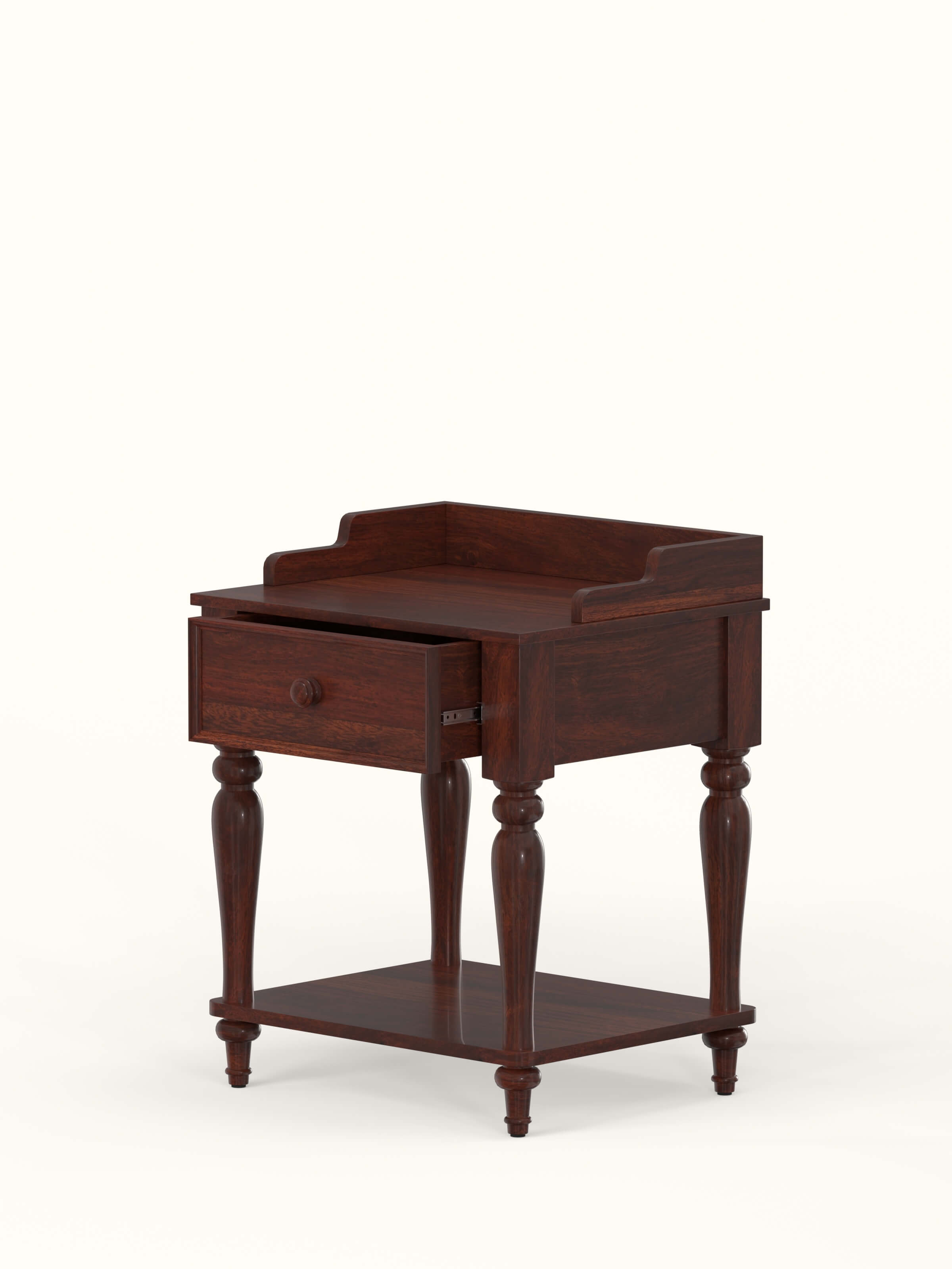 Angle view of the teak finish Sheesham wood bedside table, demonstrating its practical design and storage capability