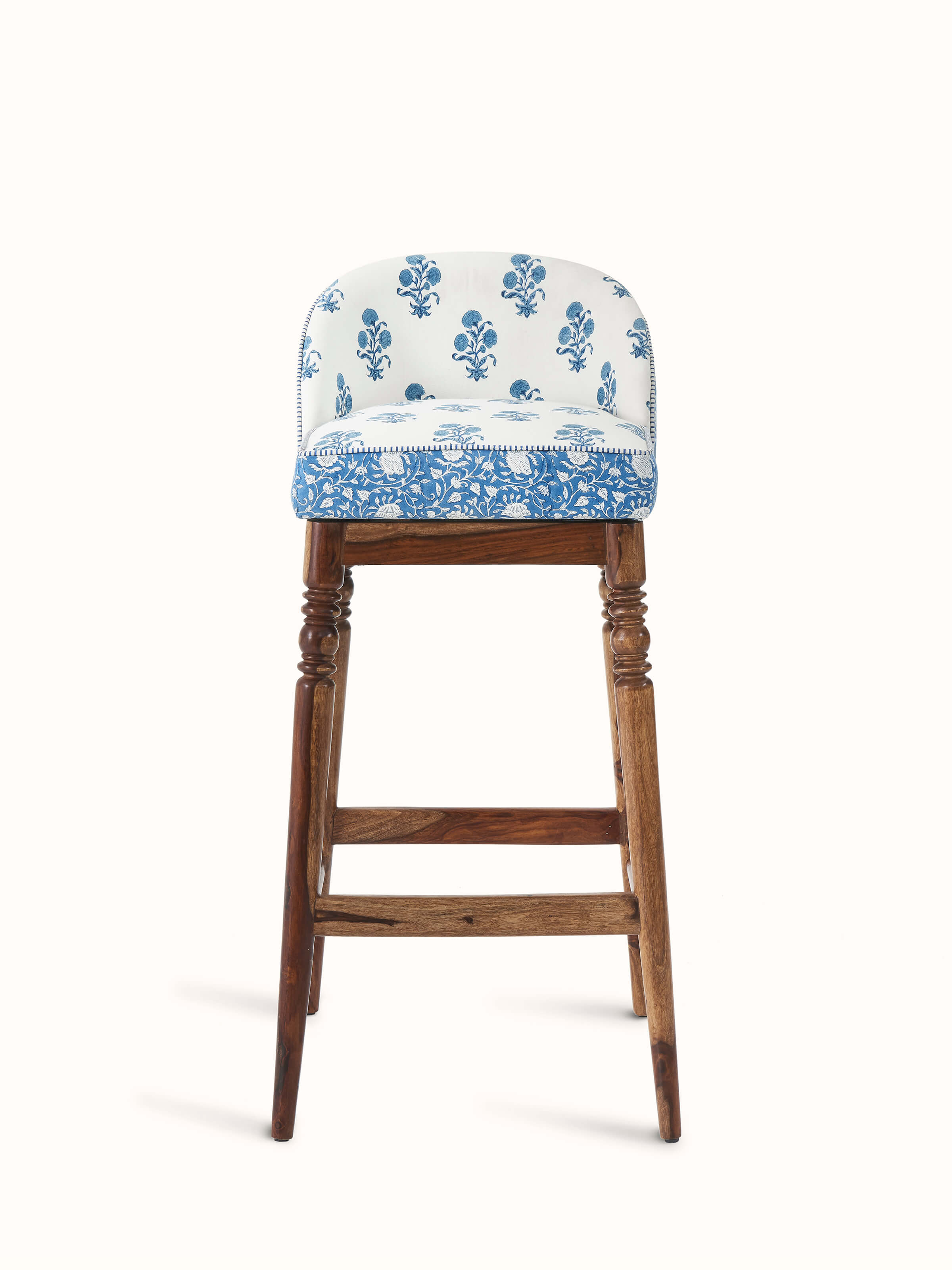 Front view of Sheesham wood Sanganeri block print bar chair featuring intricate traditional block print design