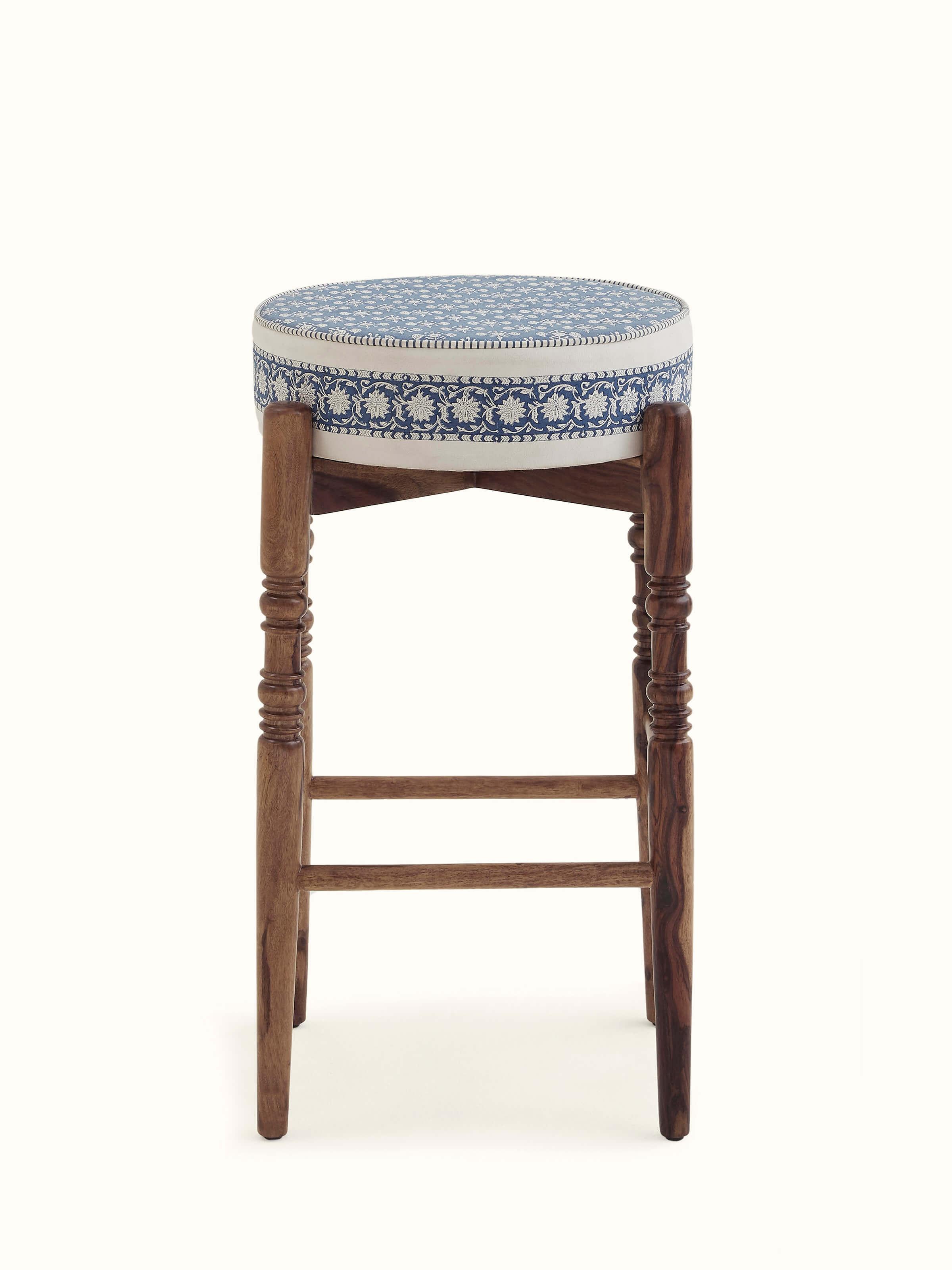 Front view of Sheesham wood Sanganeri block print round seat bar stool, showcasing the traditional print and elegant wood finish.