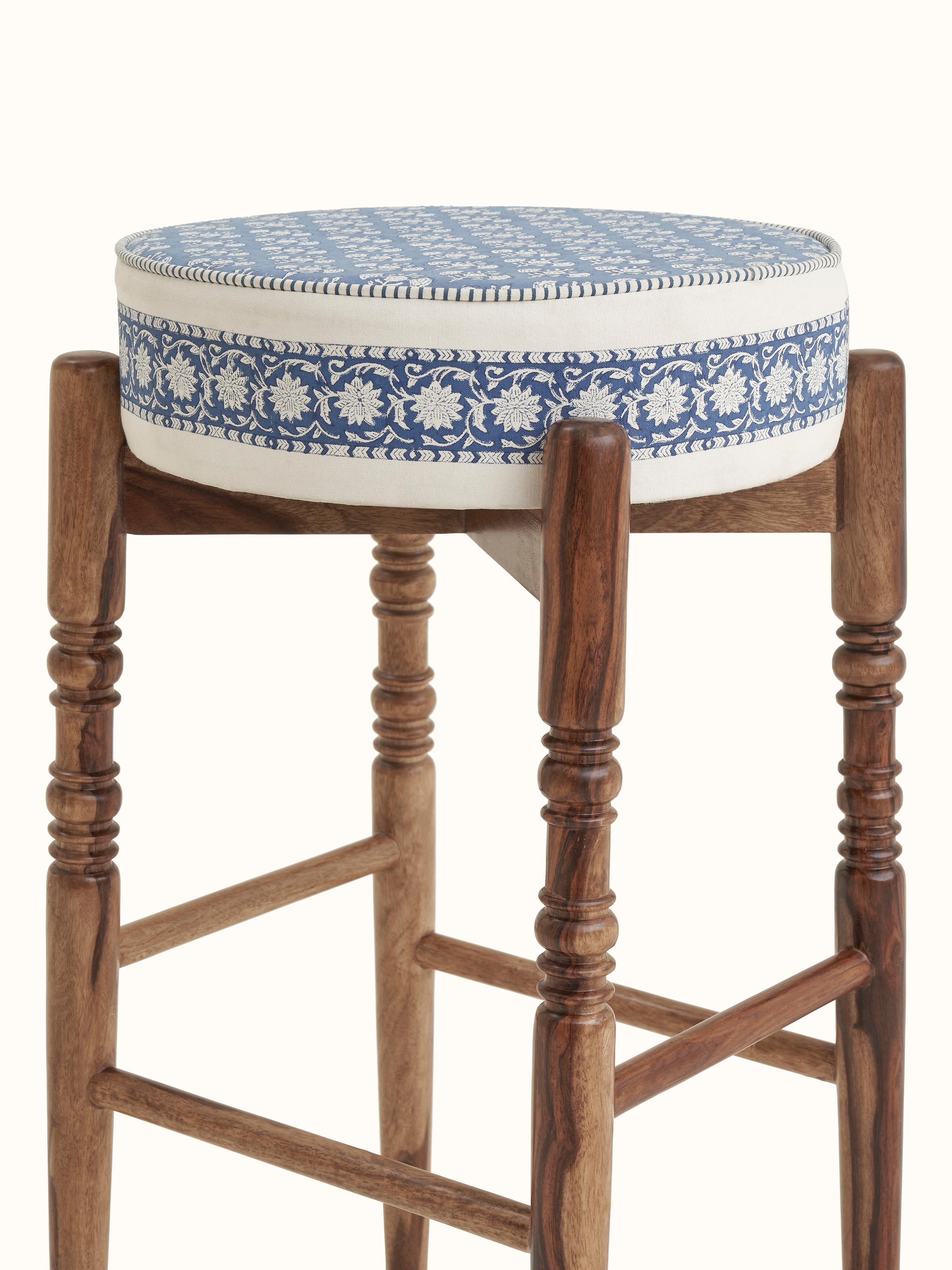 Top view of Sanganeri block print seat on Sheesham wood bar stool, highlighting the seating area and fabric pattern.