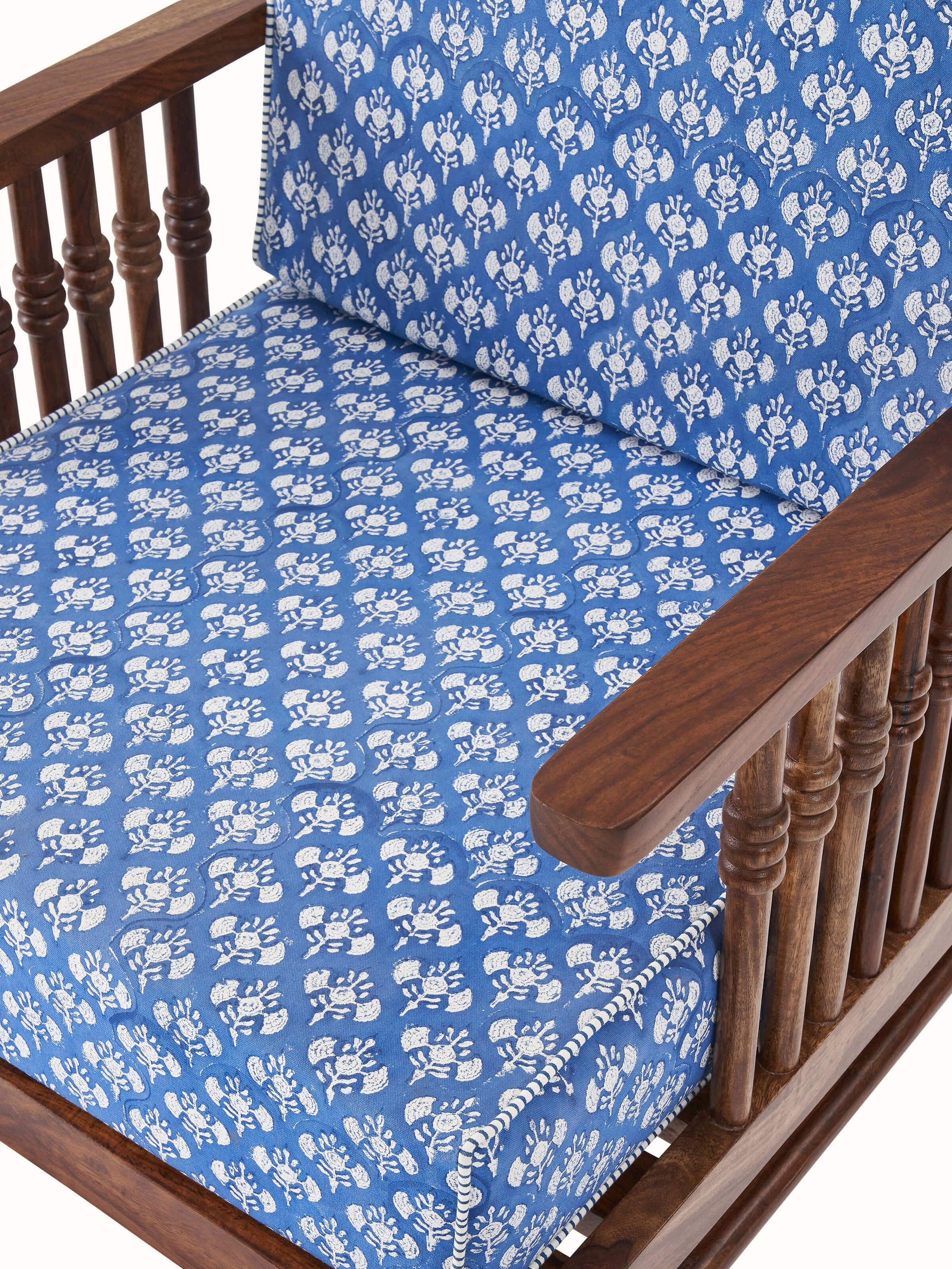 Back view of Upholstered Sheesham Wood Sanganeri Block Print Lounge Chair emphasizing its beautiful backrest and premium upholstery.