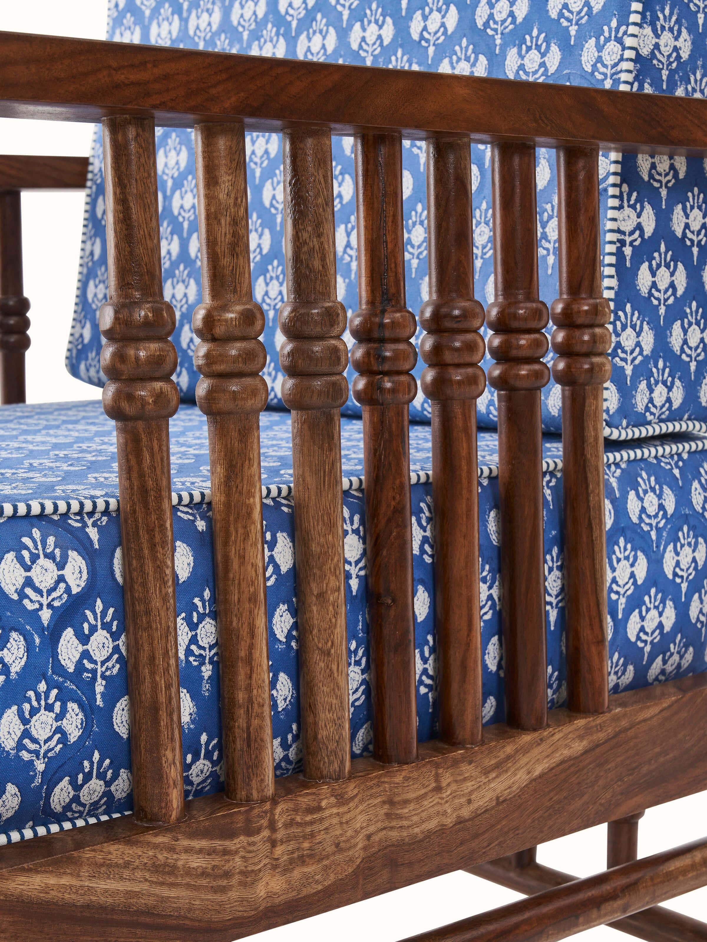 Detailed view of Upholstered Sheesham Wood Sanganeri Block Print Lounge Chair showing the fine block print and quality upholstery.