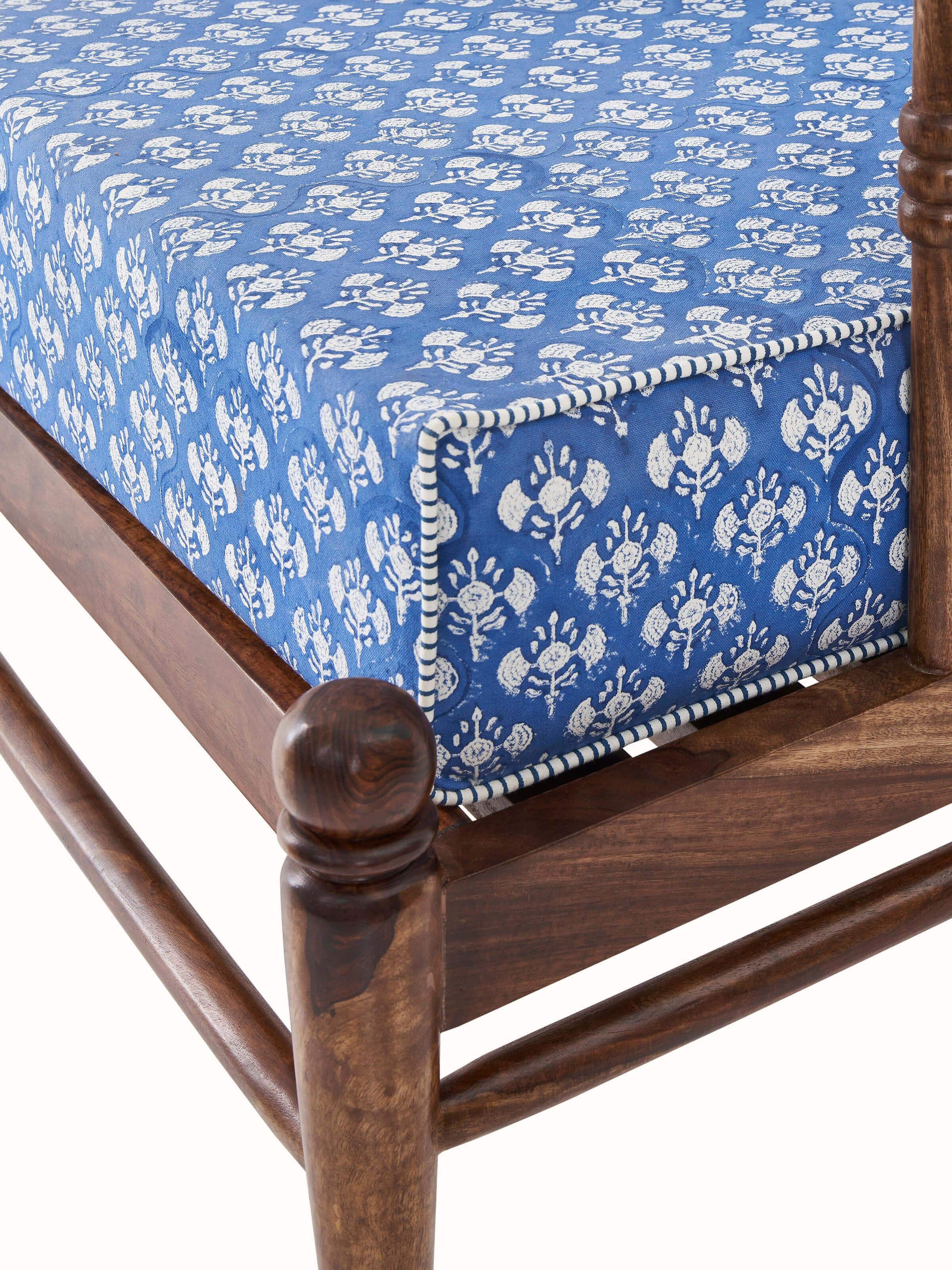 Close-up of Upholstered Sheesham Wood Sanganeri Block Print Lounge Chair showcasing the intricate block print and soft upholstery.