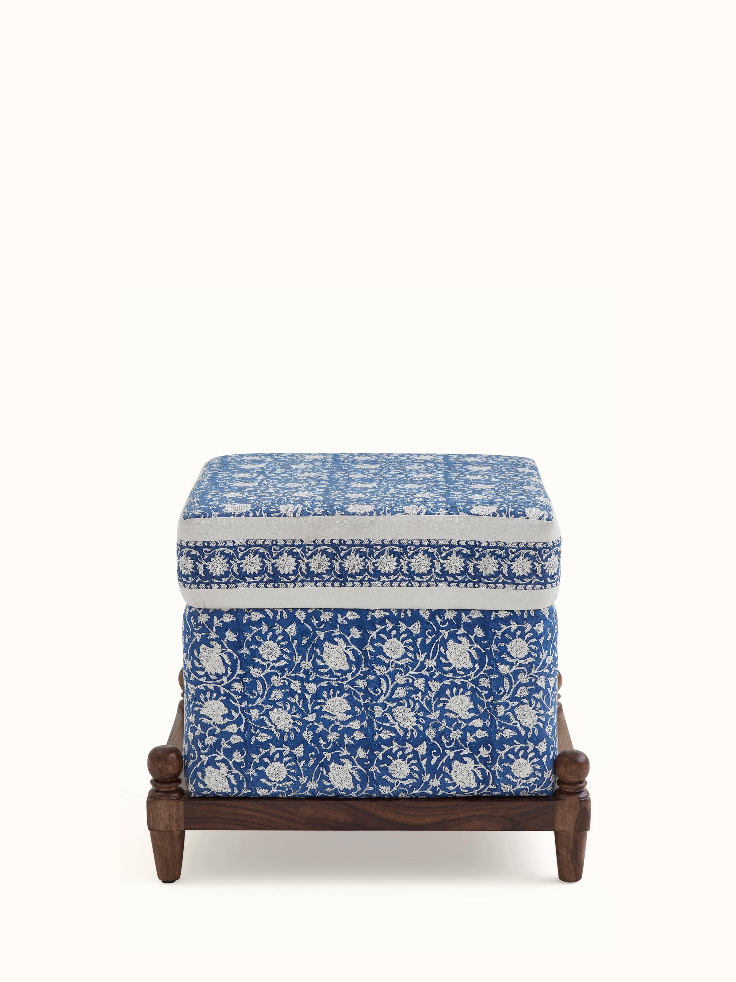 Front view of Upholstered Sheesham Wood Sanganeri Block Print Pouffe, showcasing its vibrant block print pattern and upholstered design