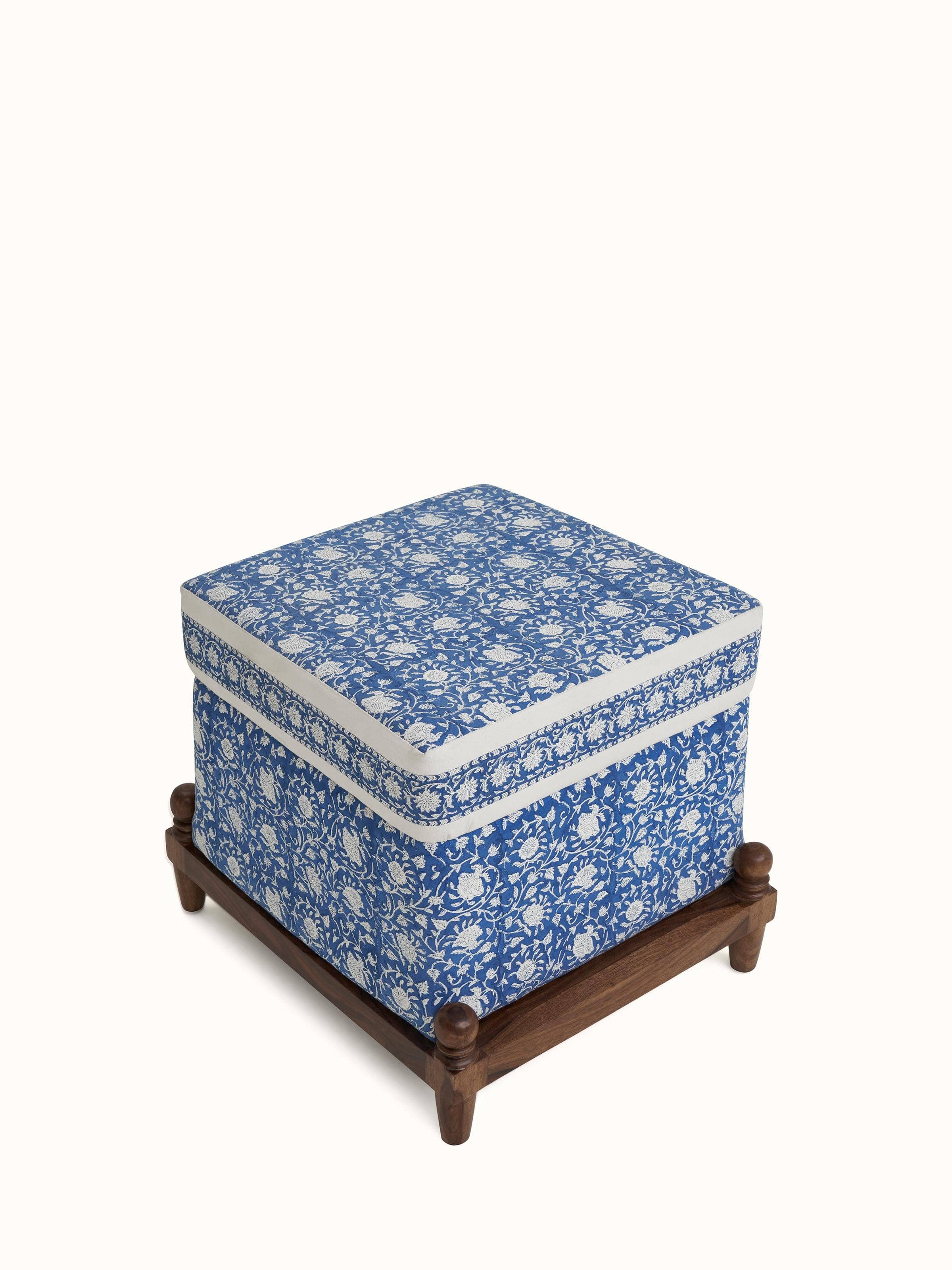 Top view of Upholstered Sheesham Wood Sanganeri Block Print Pouffe, displaying the intricate block print pattern and padded upholstery