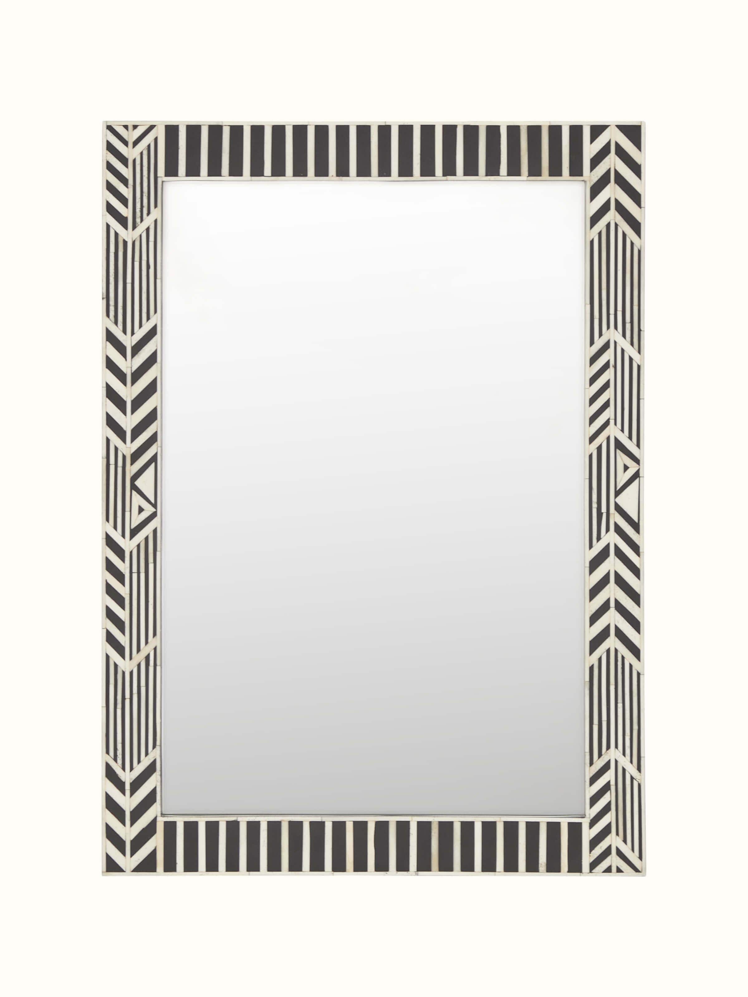 Front view of the bone inlaid rectangular wall mirror, showcasing intricate bone inlay design on the frame