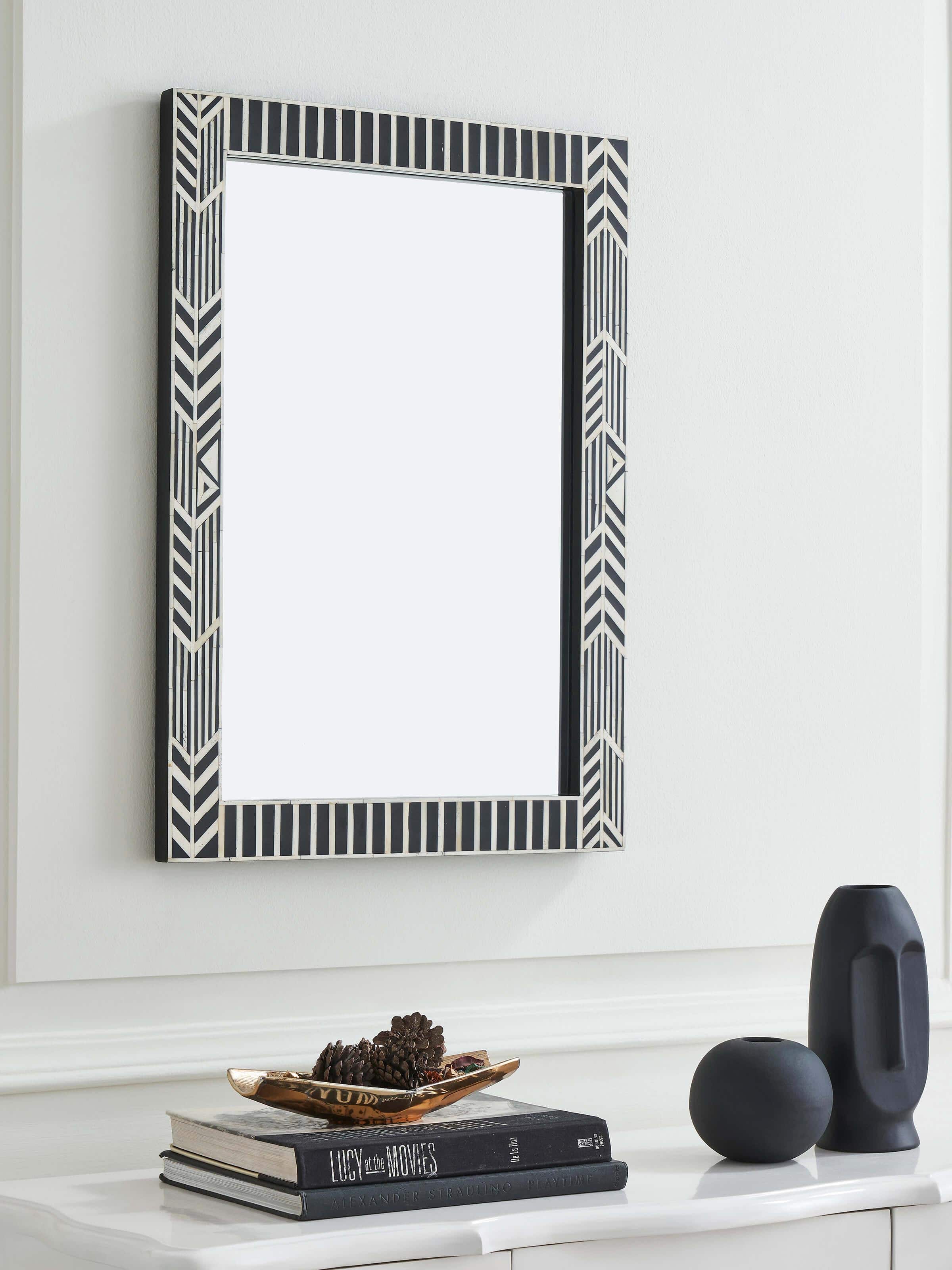 Side view of the bone inlaid rectangular wall mirror, highlighting the detailed craftsmanship of the bone inlay