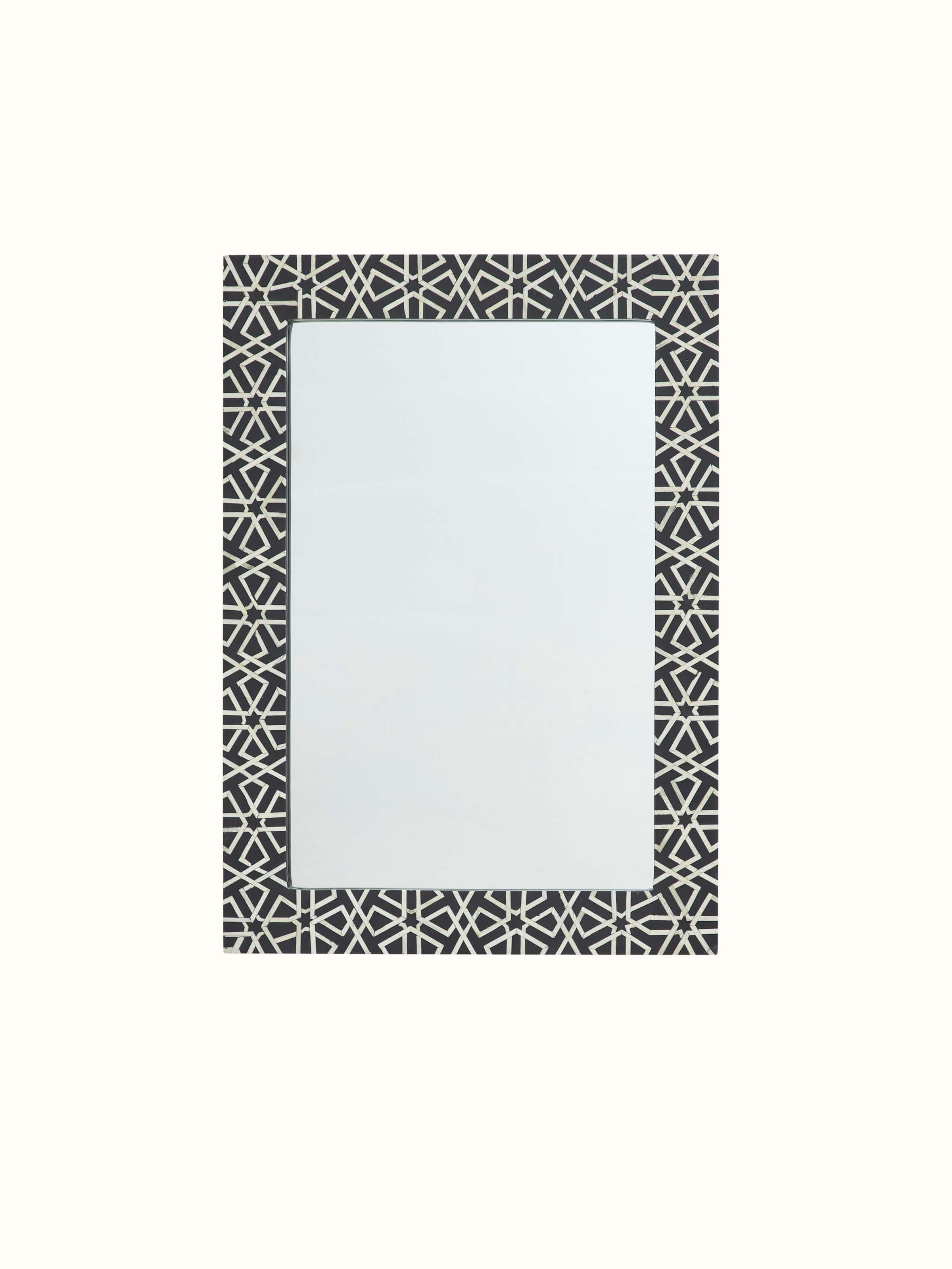 Front view of Bone Inlaid Rectangular Wall Mirror, showcasing the intricate inlay design and elegant frame