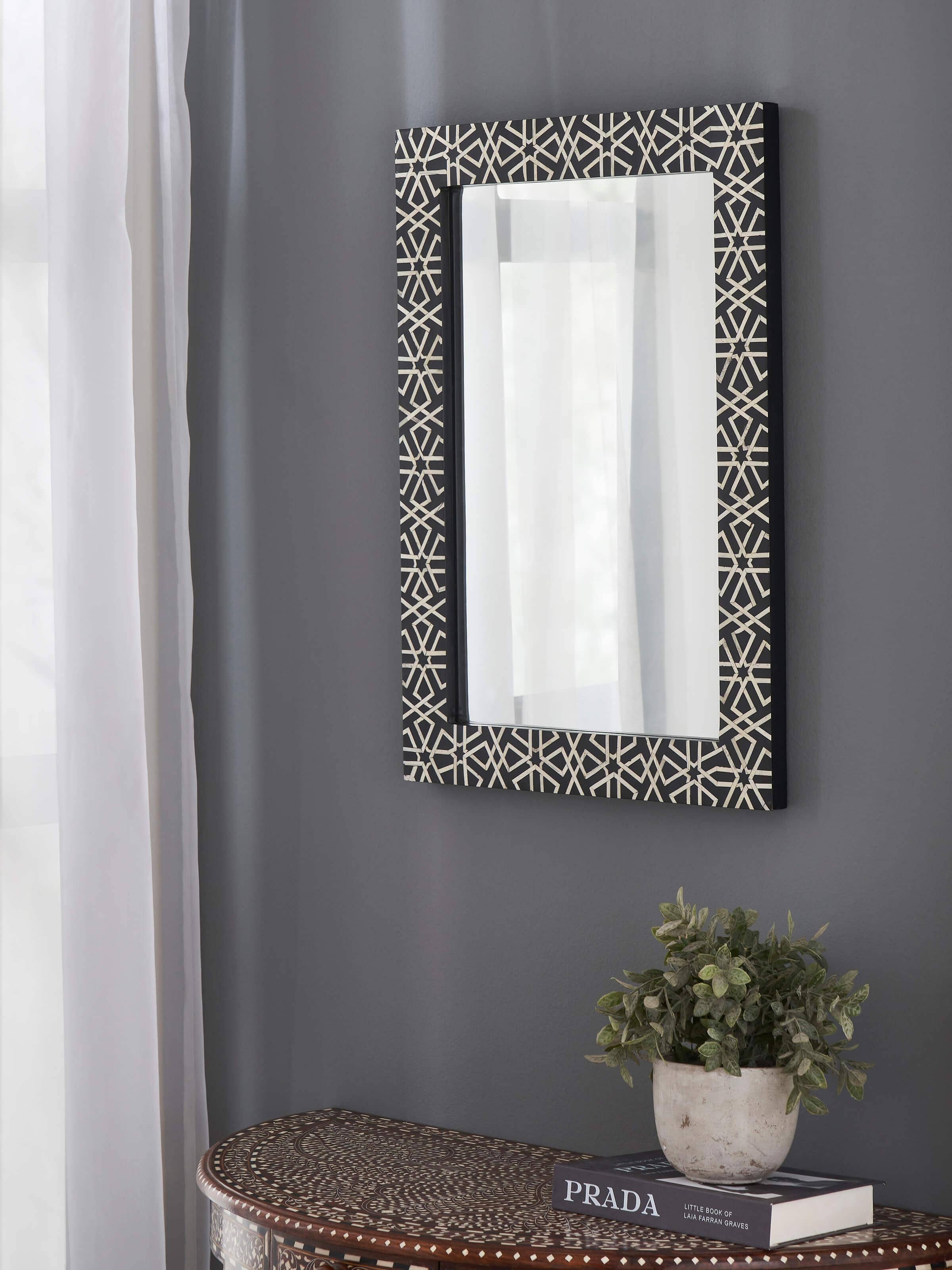 Side view of Bone Inlaid Rectangular Wall Mirror highlighting the detailed craftsmanship and reflective surface