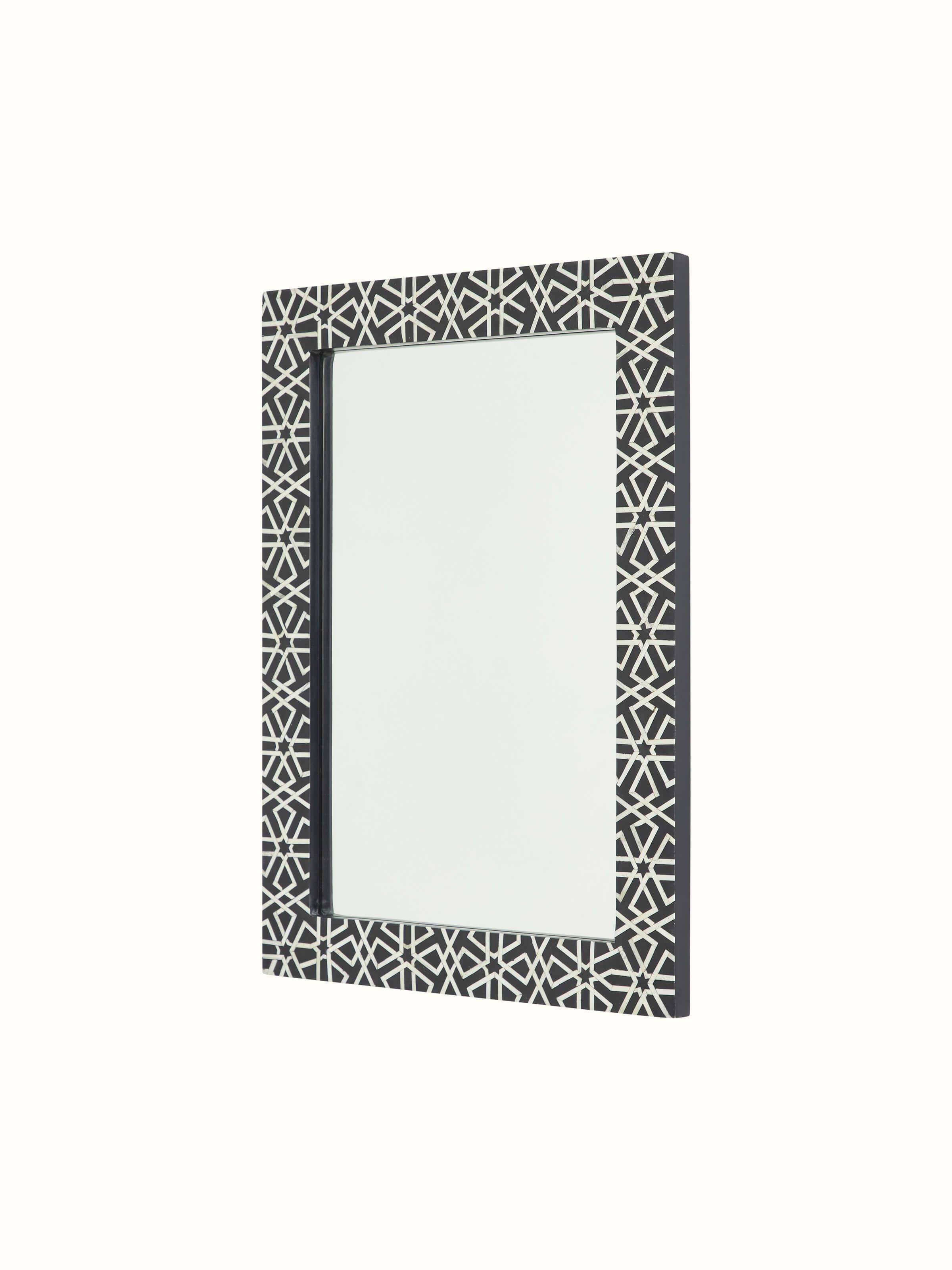 Close-up of Bone Inlaid Rectangular Wall Mirror frame, emphasizing the bone inlay patterns and texture