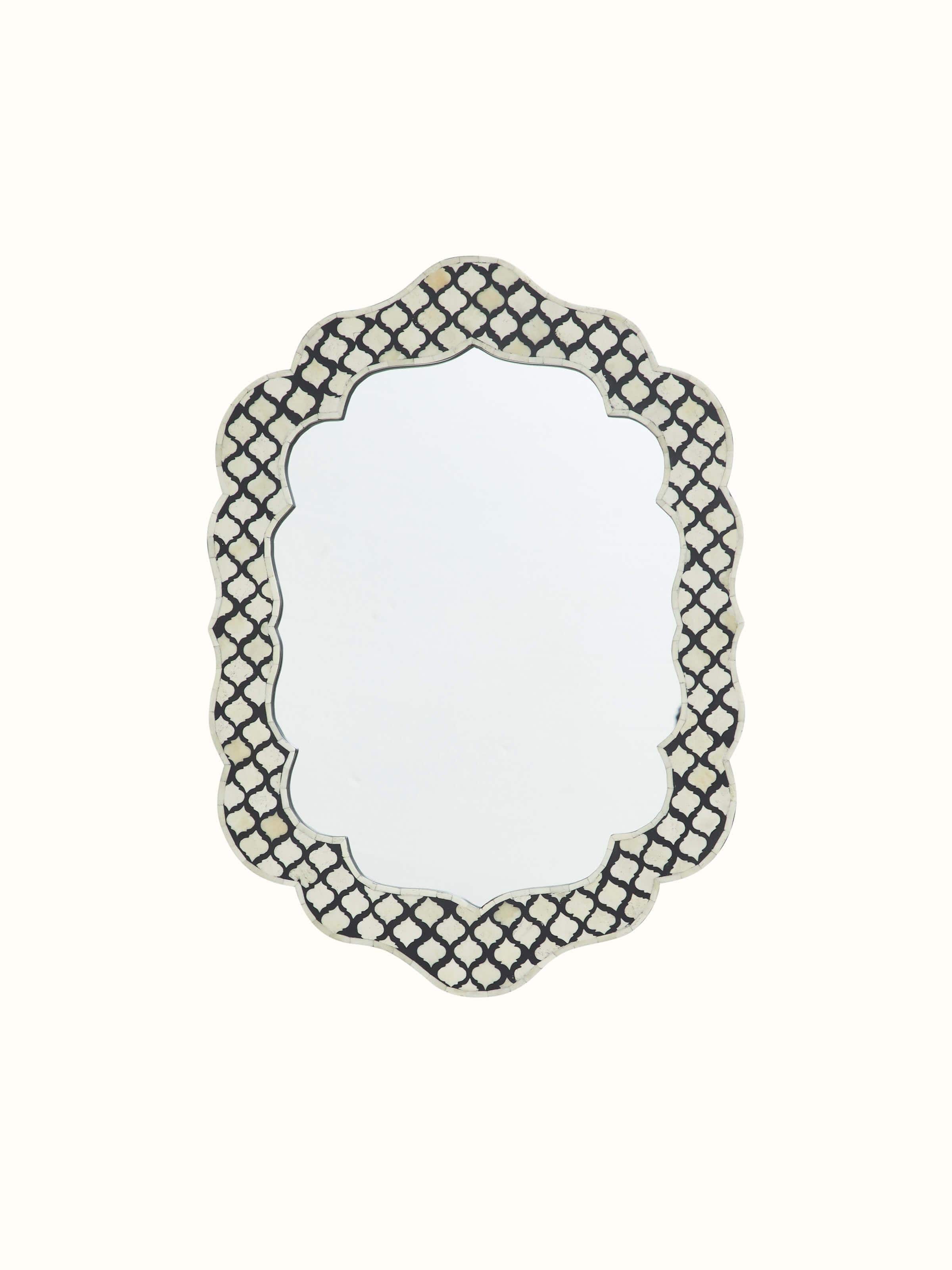 Front view of bone inlaid wall mirror with intricate patterns and detailed craftsmanship.