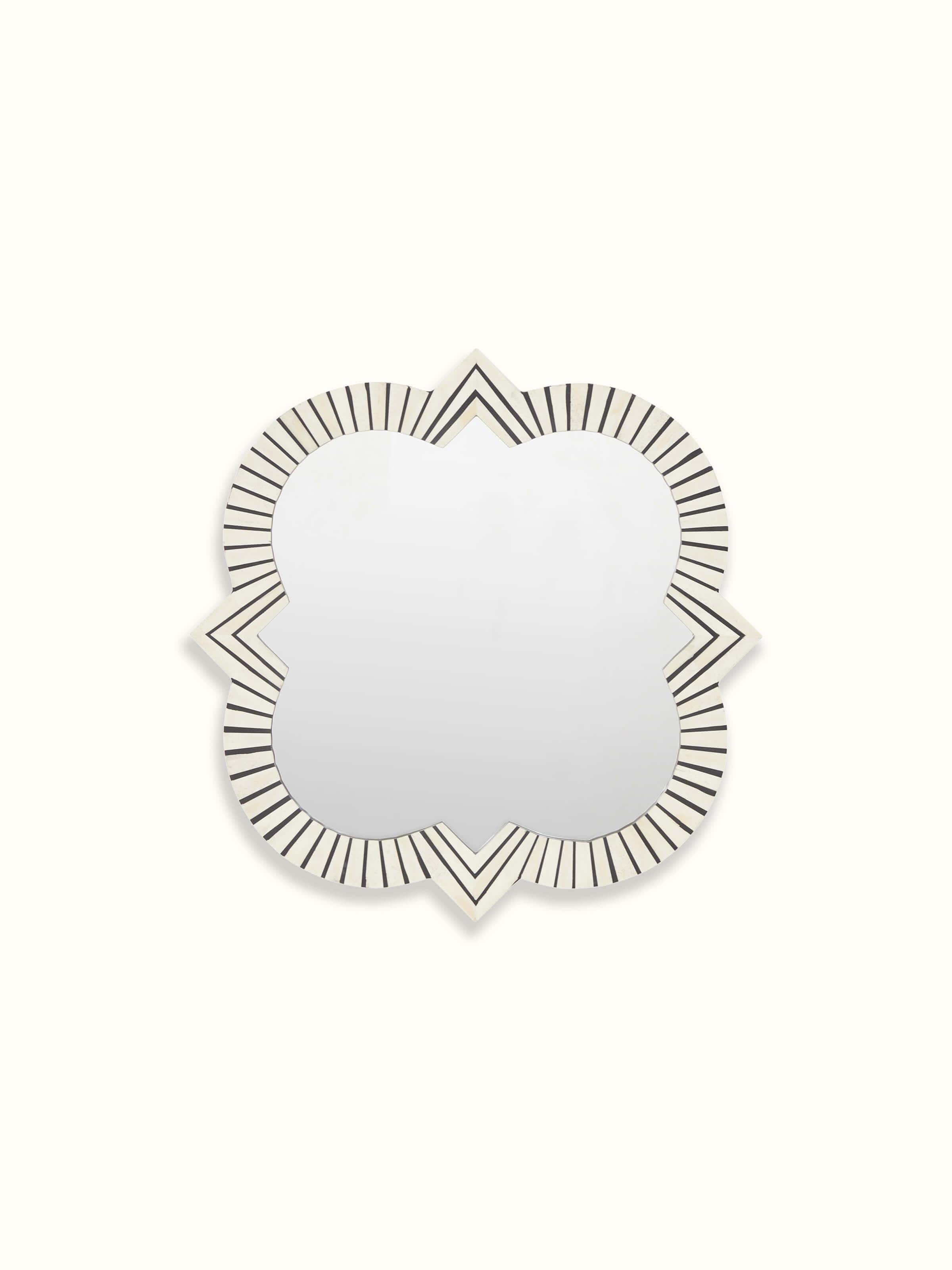 Front view of Bone Inlaid Quatrefoil Wall Mirror, showcasing the elegant quatrefoil shape and intricate inlay work