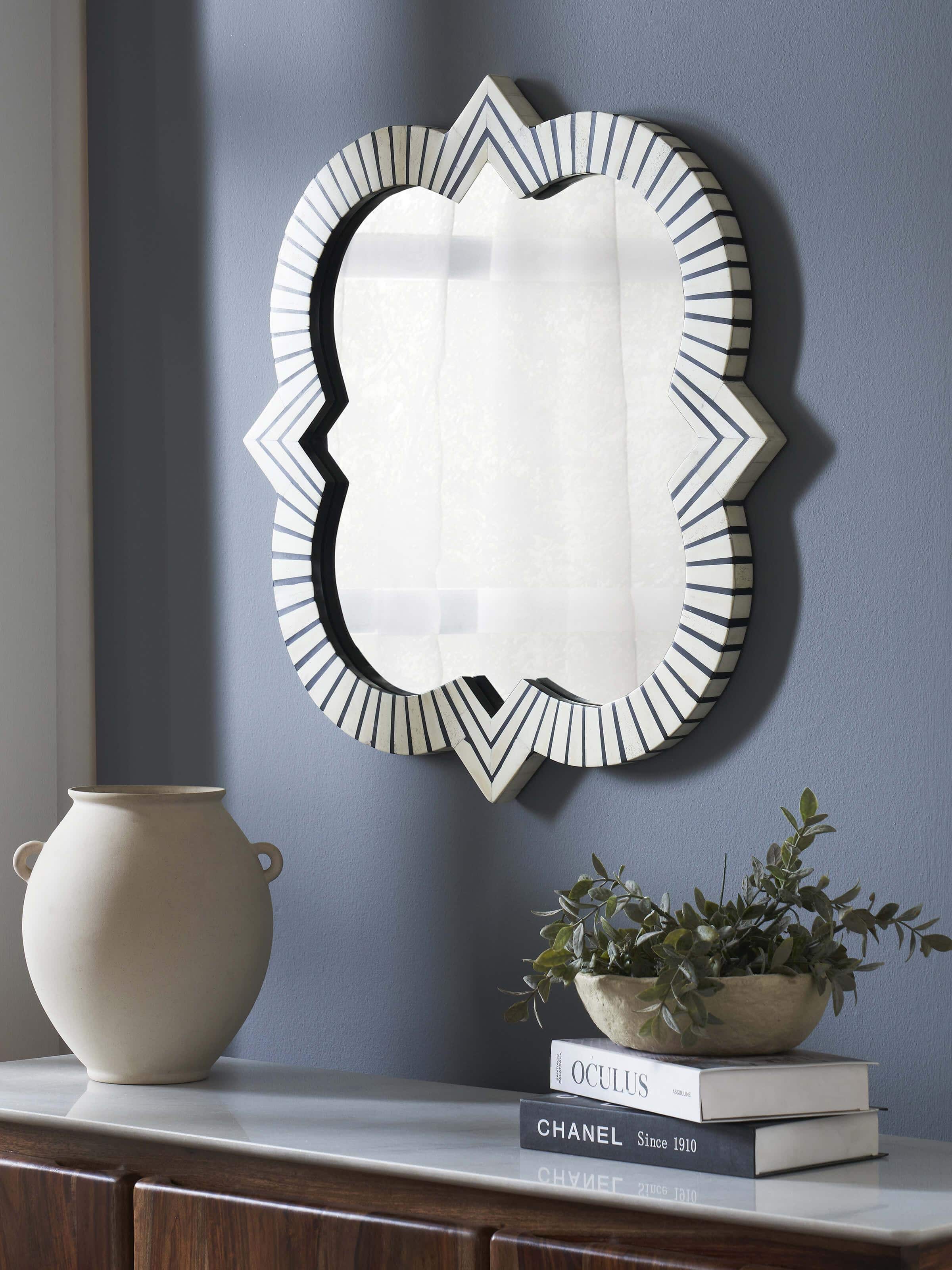 Side view of Bone Inlaid Quatrefoil Wall Mirror, highlighting the detailed inlay design and frame craftsmanship