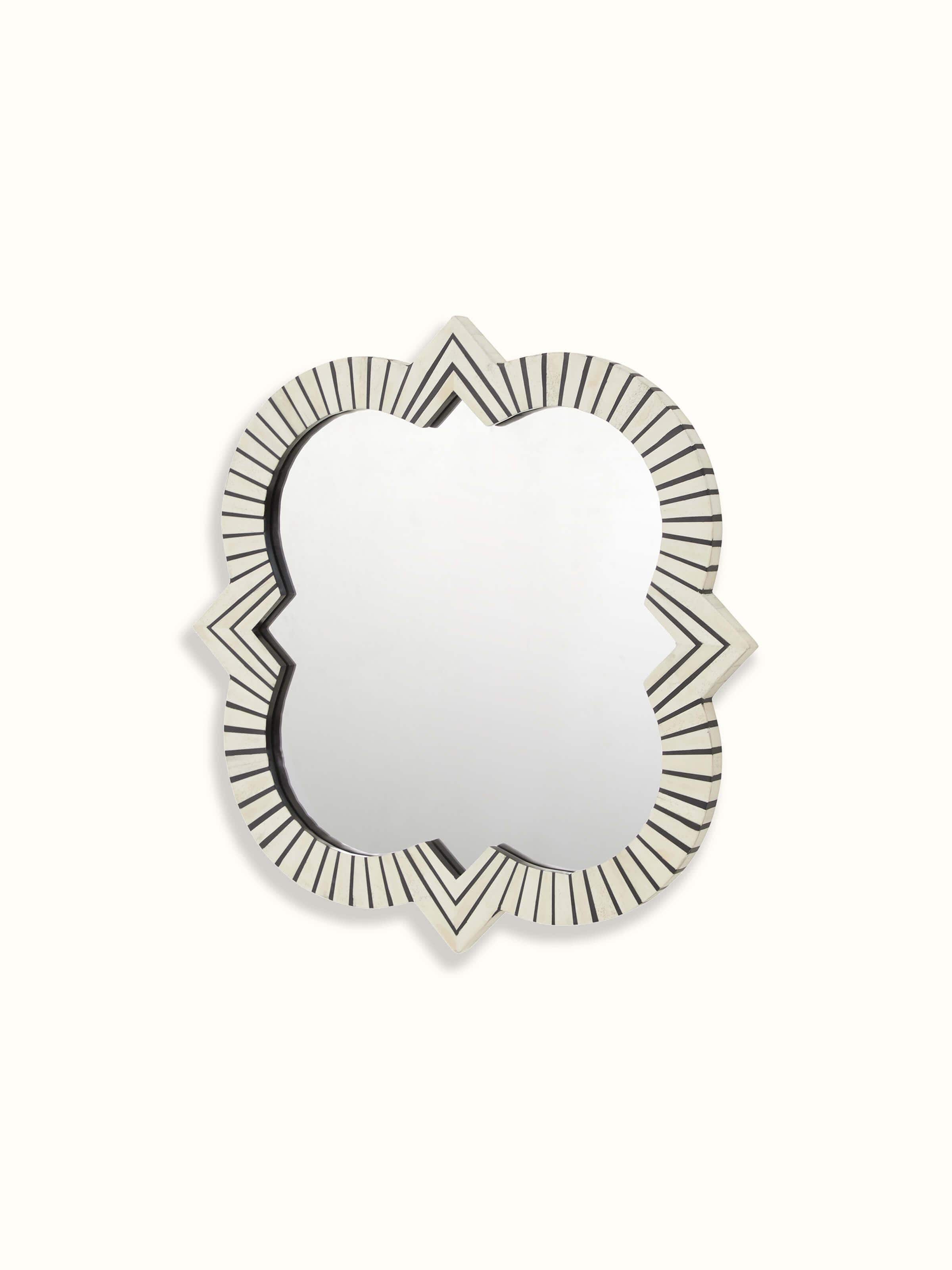 Close-up of Bone Inlaid Quatrefoil Wall Mirror, focusing on the detailed bone inlay patterns and textures
