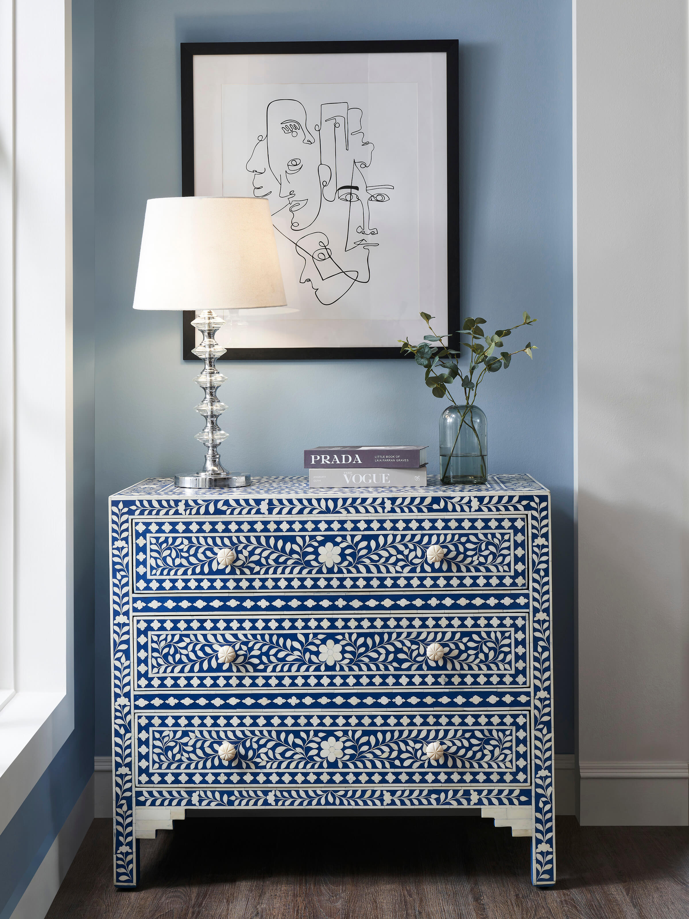 Close-up of Bone Inlaid Chest of Drawers showing the delicate bone inlay pattern and texture