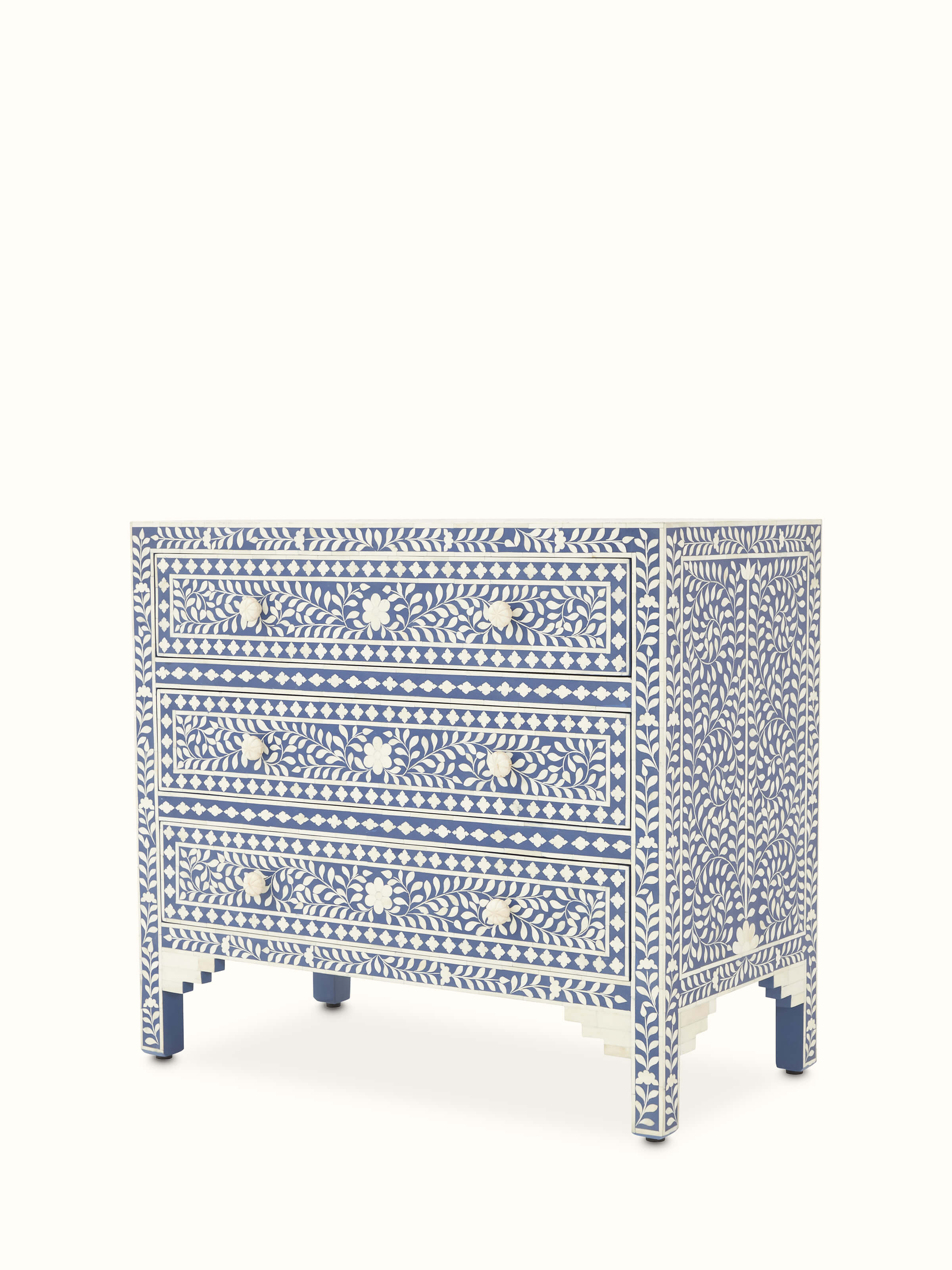 Angled view of Bone Inlaid Chest of Drawers highlighting its elegant design and overall structure