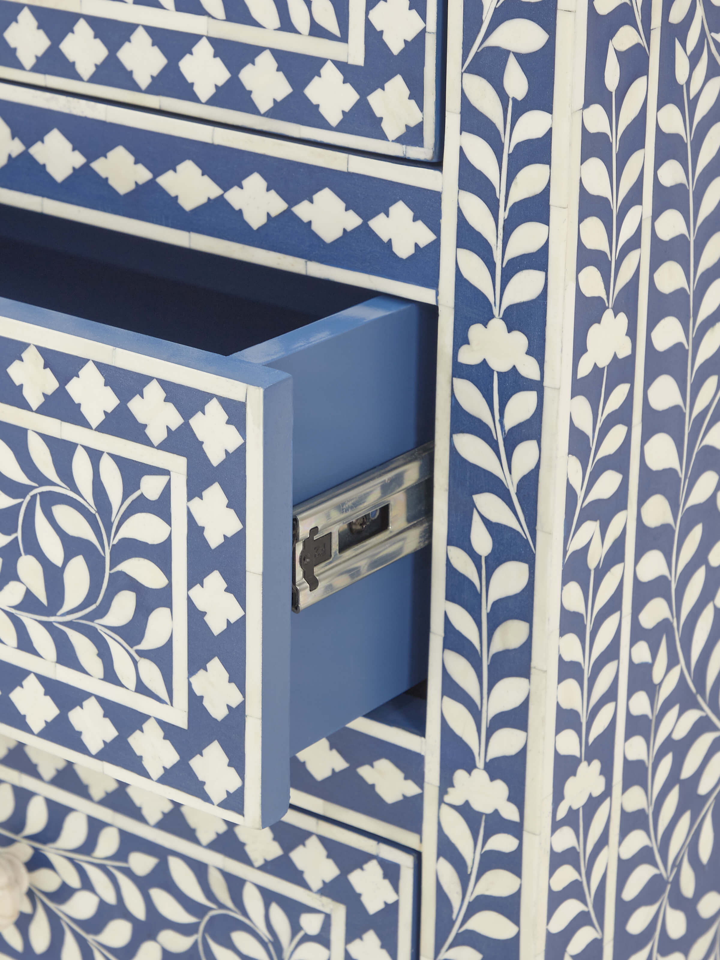 Overhead view of Bone Inlaid Chest of Drawers emphasizing the top inlay work and drawer arrangement