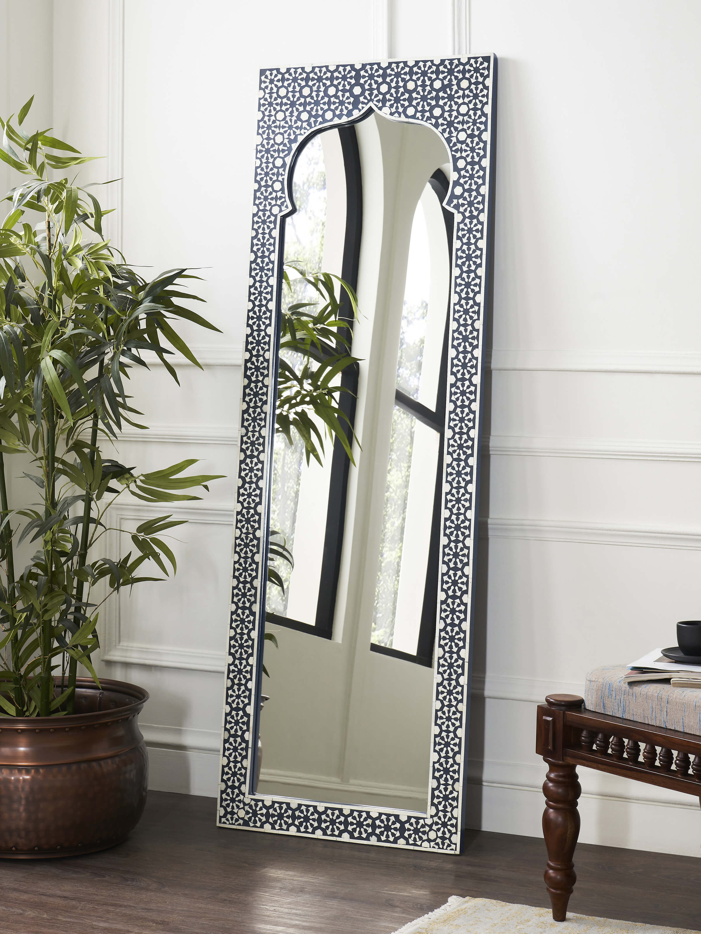 Side view of Bone Inlaid Mirror, highlighting the intricate bone inlay work and mirror reflection