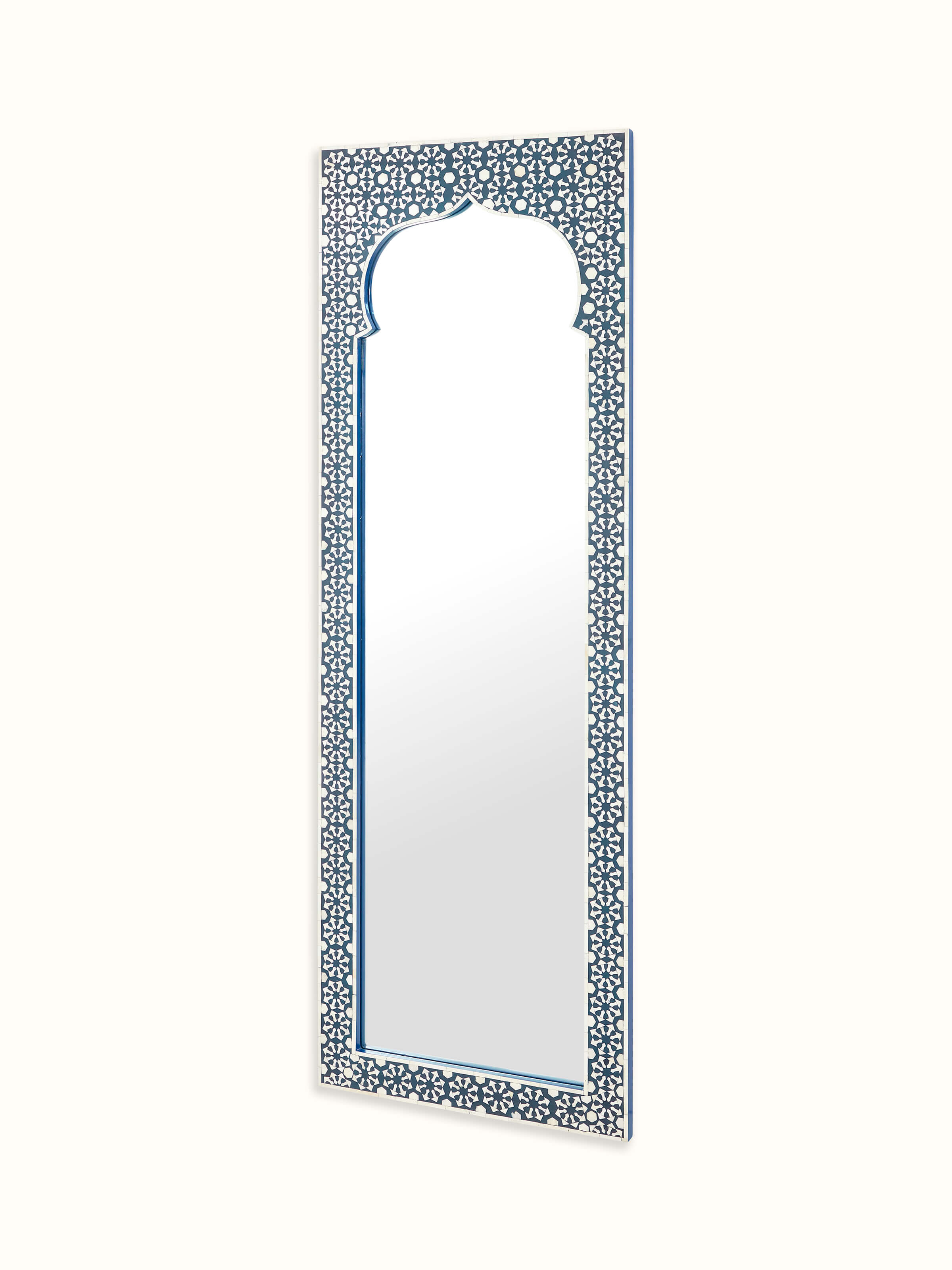 Close-up of Bone Inlaid Mirror frame, emphasizing the detailed inlay craftsmanship and elegant design