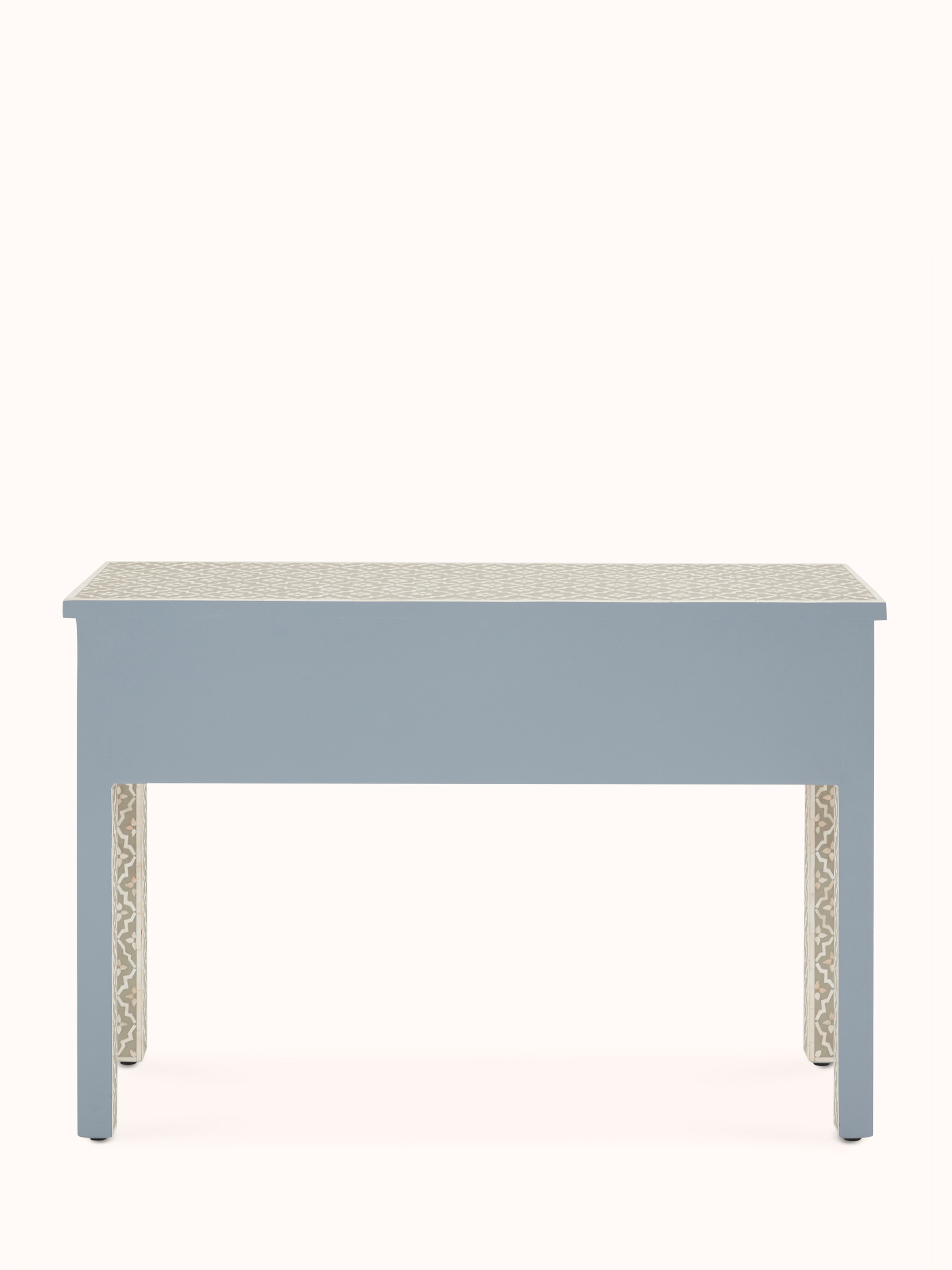 Top view of the bone inlaid console table emphasizing the detailed inlay design