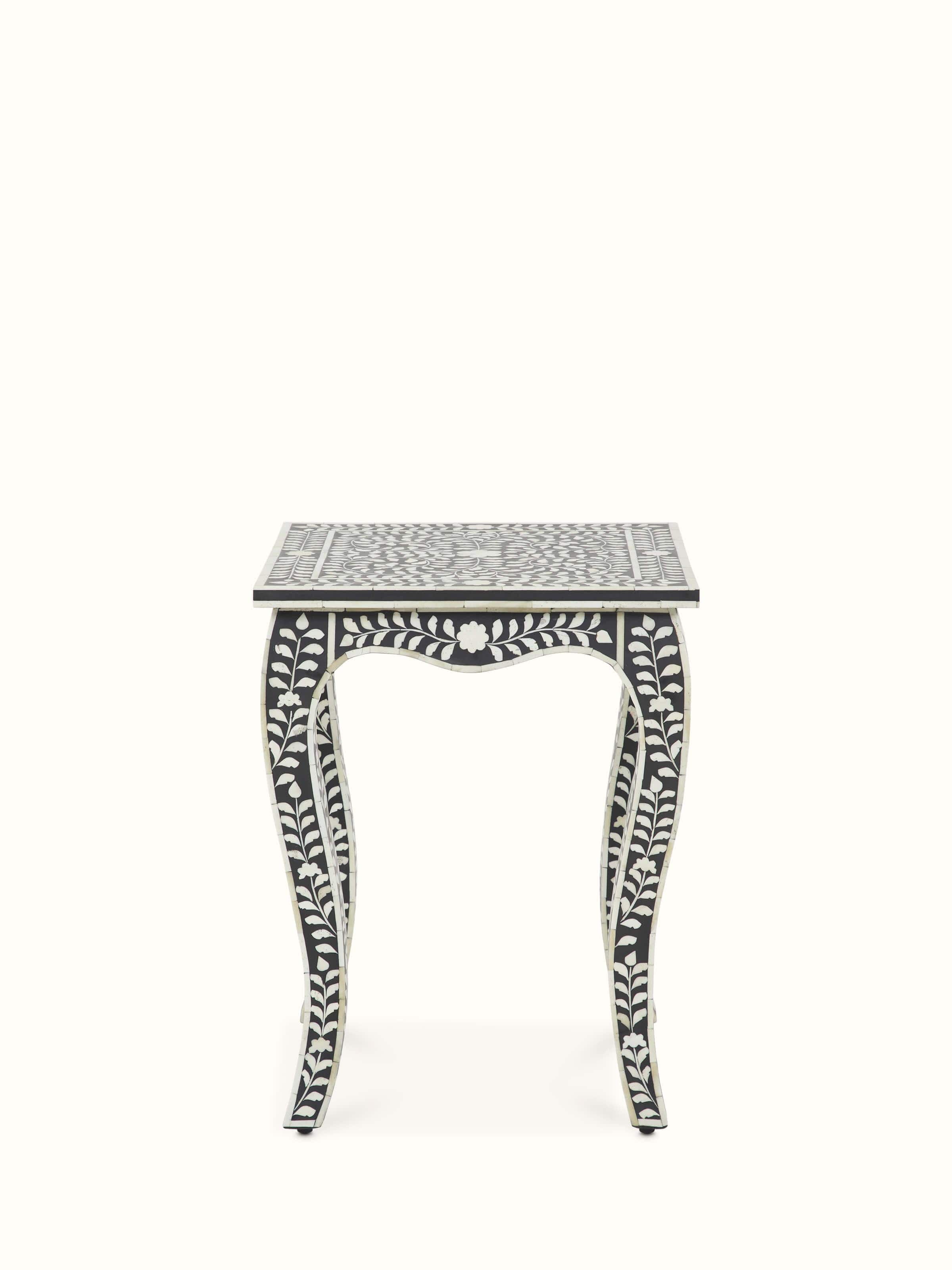 Front view of Bone Inlaid Side Table with intricate inlaid patterns, showcasing the elegant design and craftsmanship