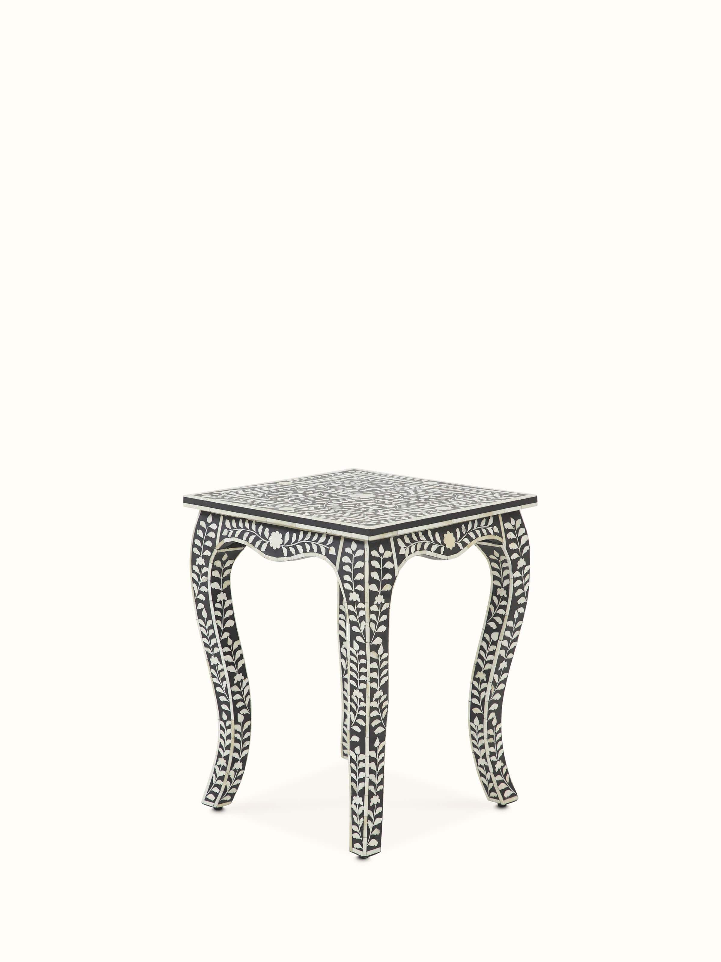 Close-up view of Bone Inlaid Side Table, focusing on the intricate bone inlay patterns and textures