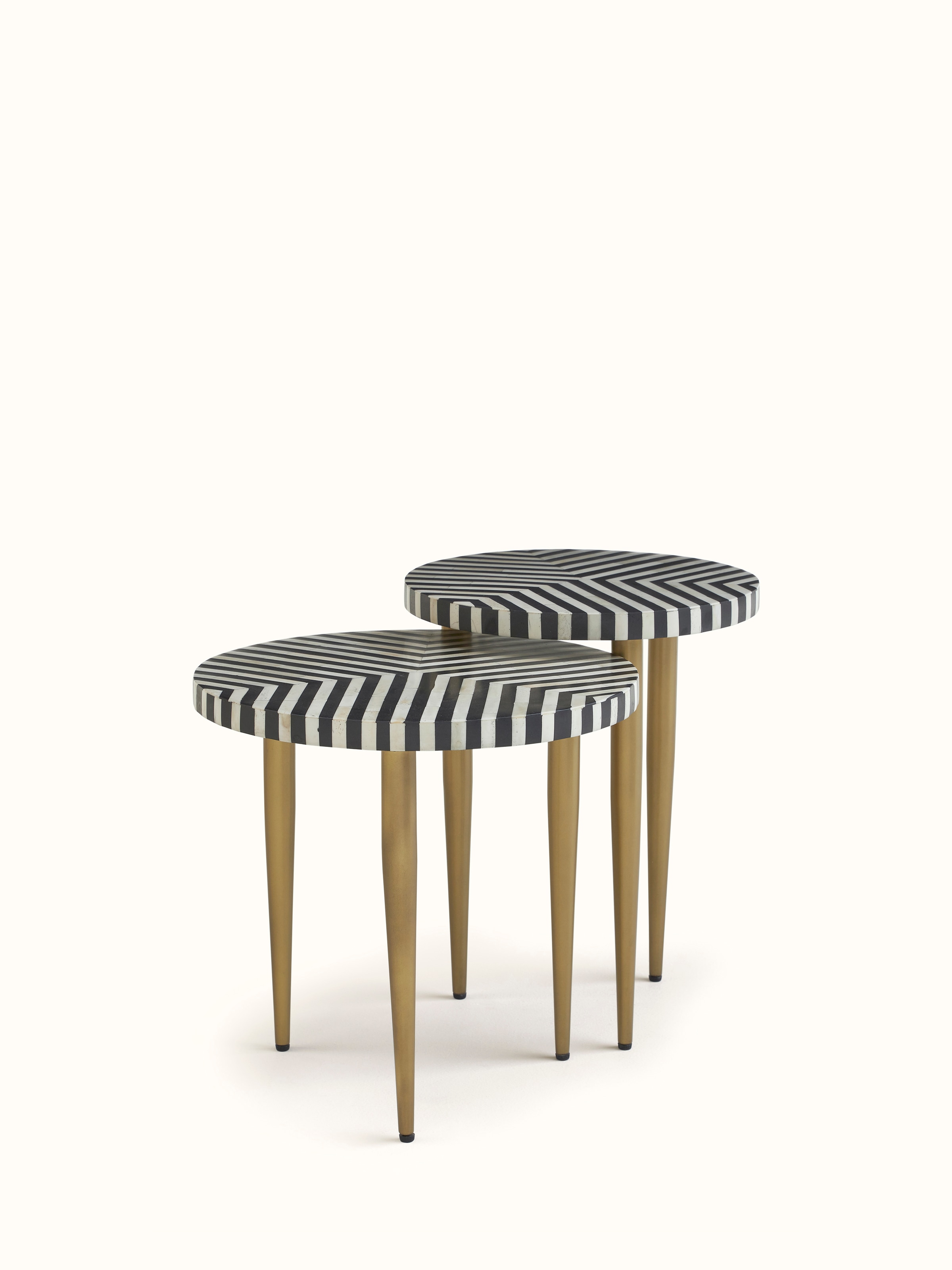 Front view of the bone inlaid nesting tables showcasing the intricate inlay design