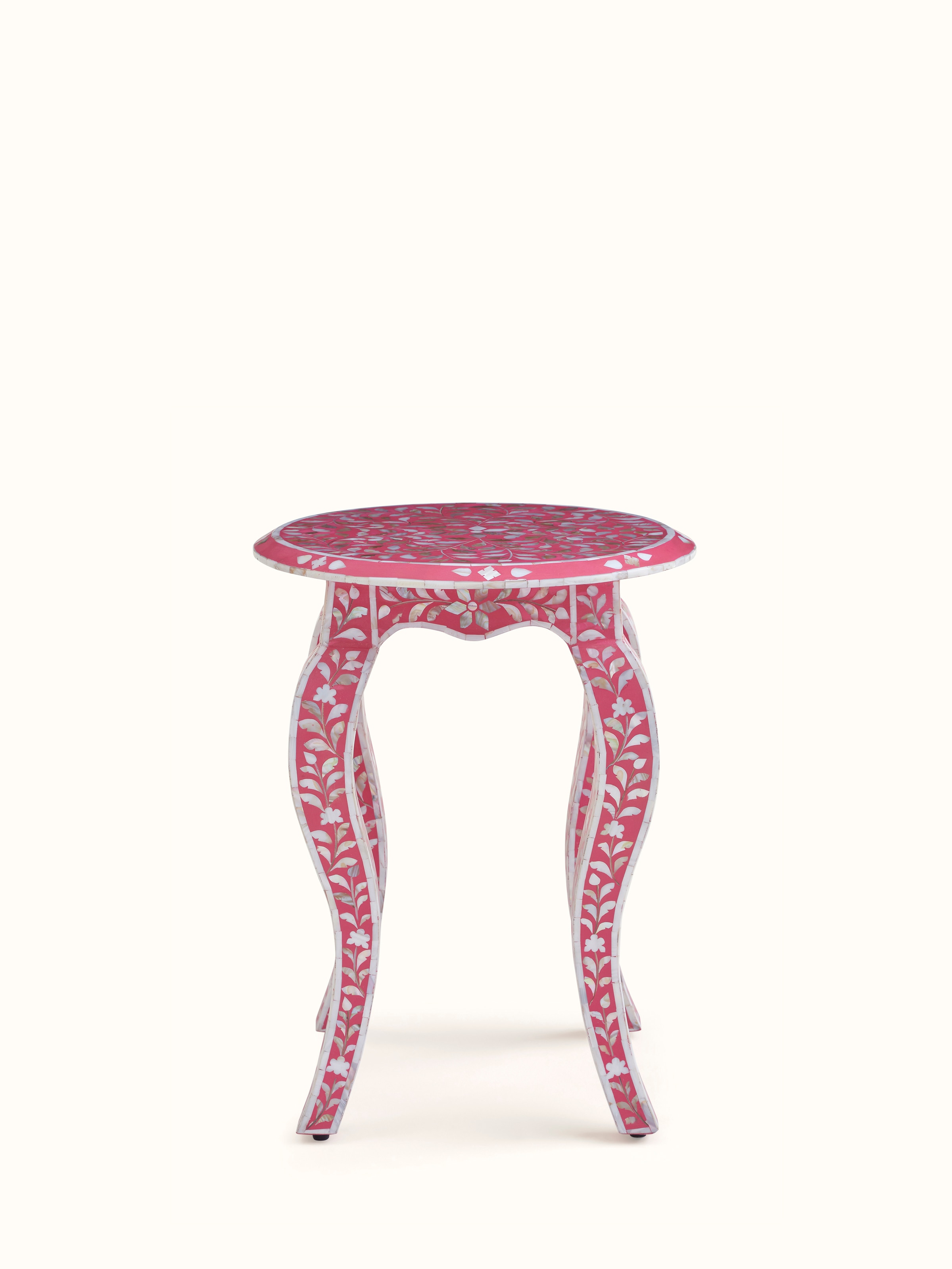 Front view of the mother-of-pearl inlaid side table, showcasing its intricate inlay design and elegant finish