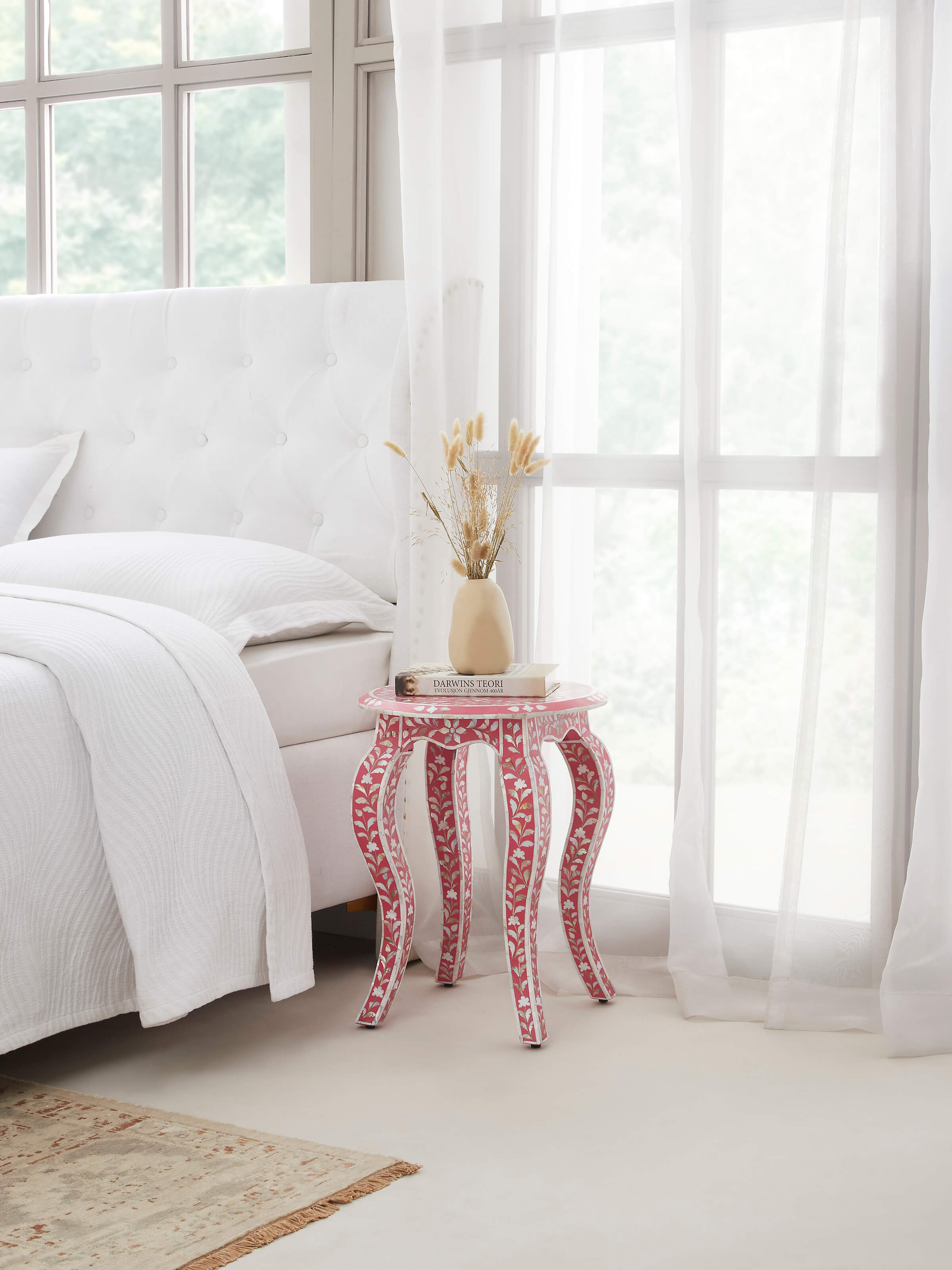 Side view of the mother-of-pearl inlaid side table, highlighting the detailed craftsmanship and the beauty of the inlaid patterns