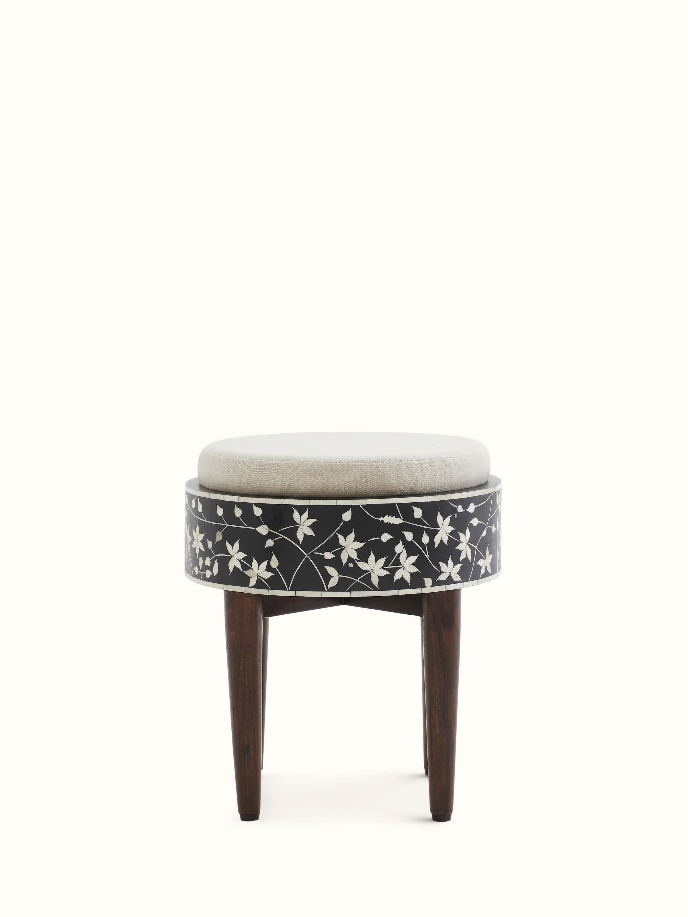 Front view of bone inlaid Sheesham wood stool, showcasing the intricate inlay pattern and rich wood finish.