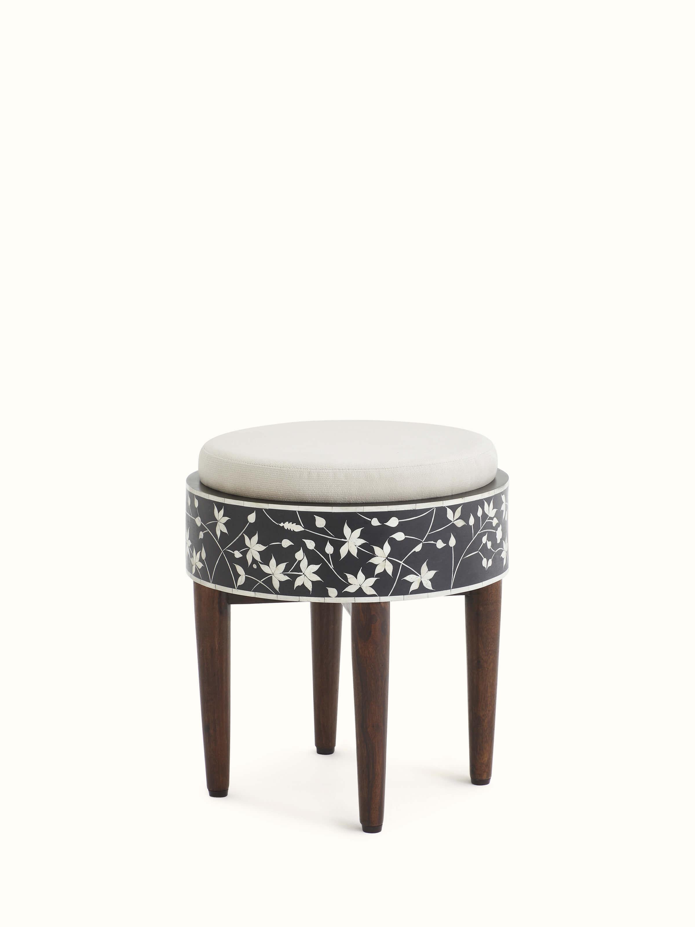 Side view of bone inlaid Sheesham wood stool, emphasizing the intricate bone inlay work and sturdy construction.