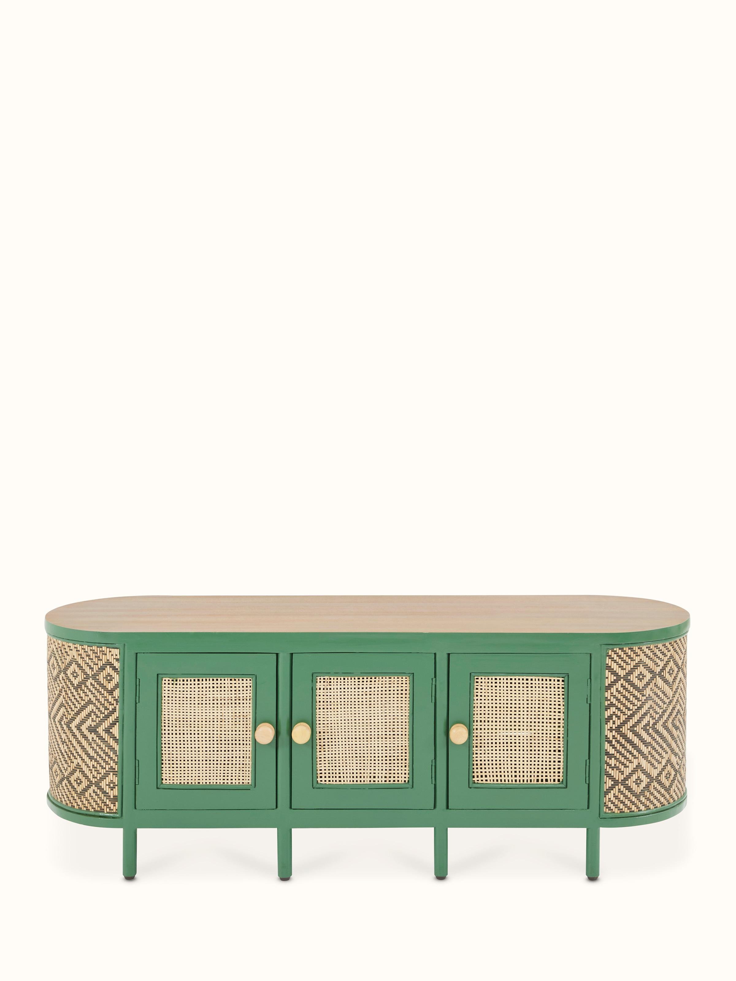 Front view of Cane & Teak Wood Entertainment Unit, showcasing the elegant design and combination of wood and cane elements