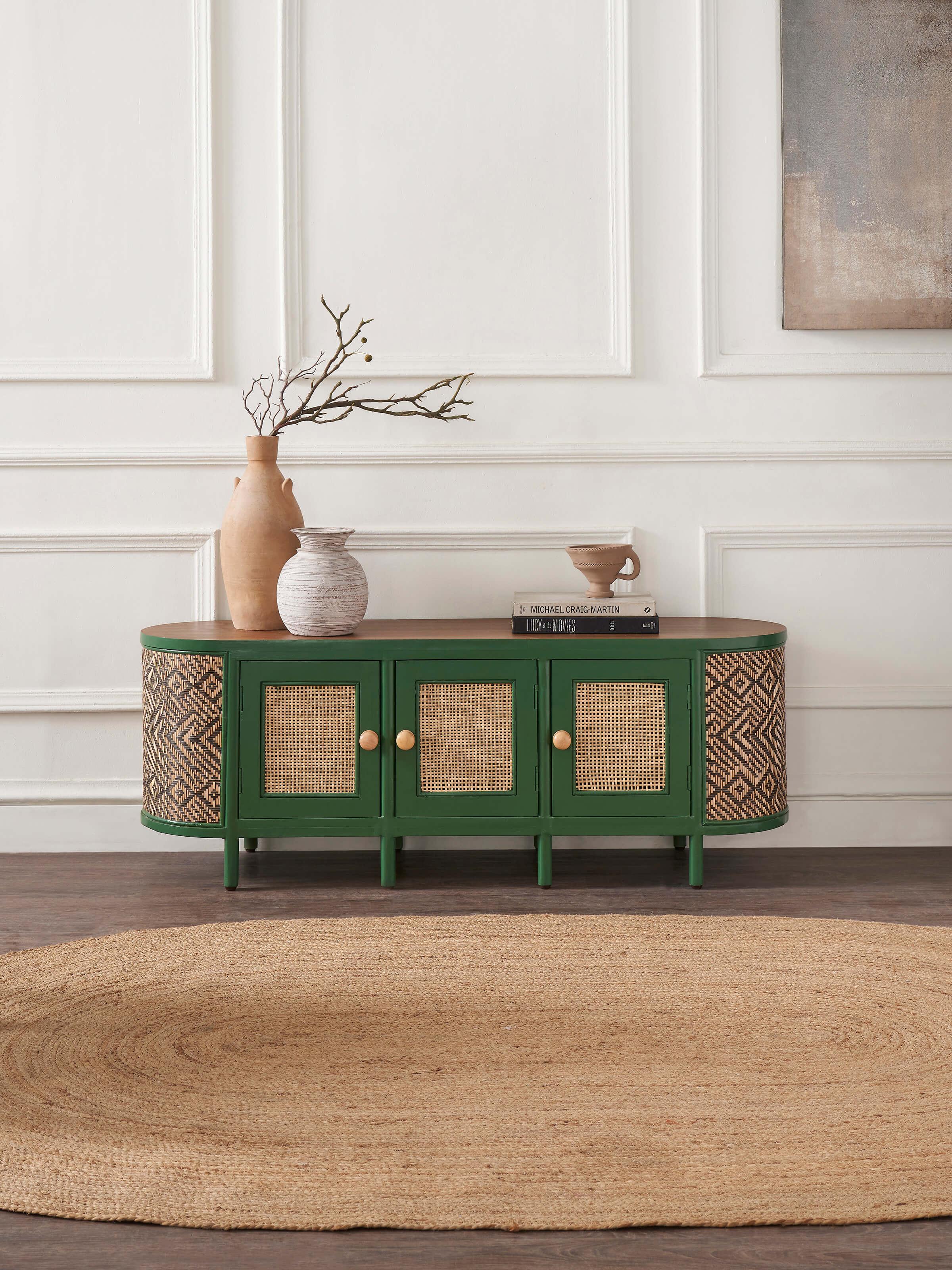 Side view of Cane & Teak Wood Entertainment Unit, highlighting the detailed craftsmanship and storage compartments