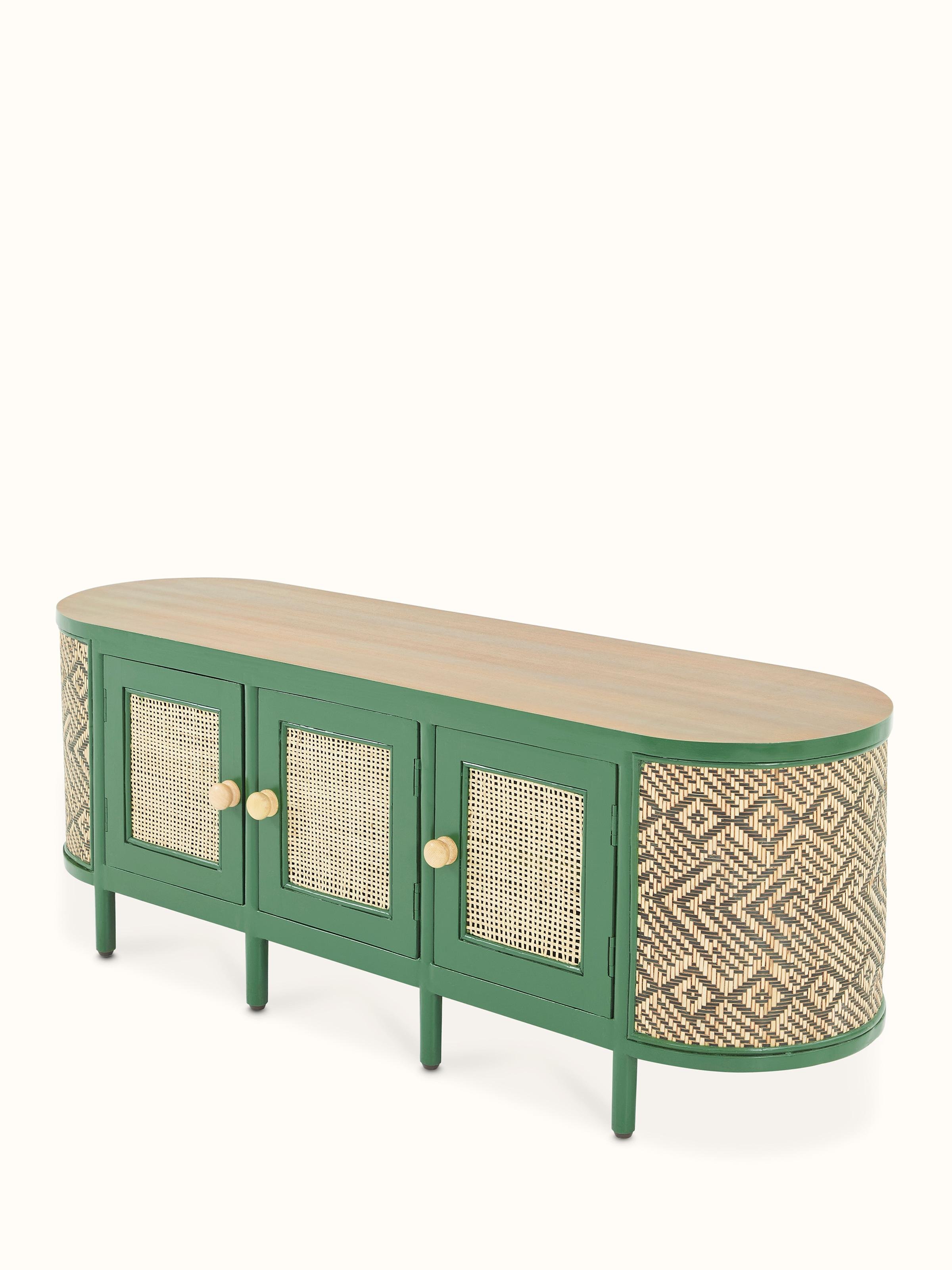 Top-down view of Cane & Teak Wood Entertainment Unit, focusing on the surface and overall design