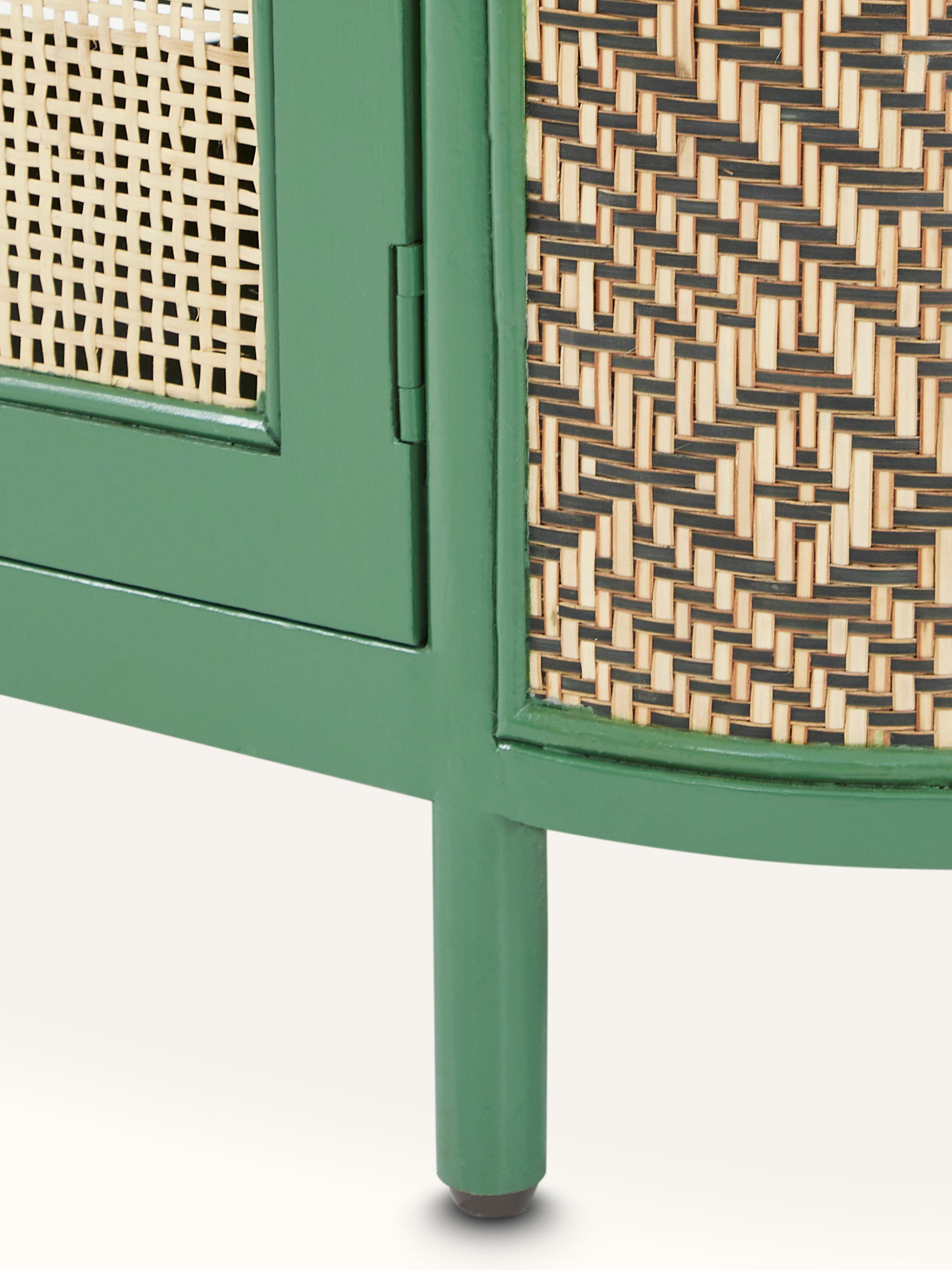 View of Cane & Teak Wood Entertainment Unit from the side, showing the unit's depth and side panel design