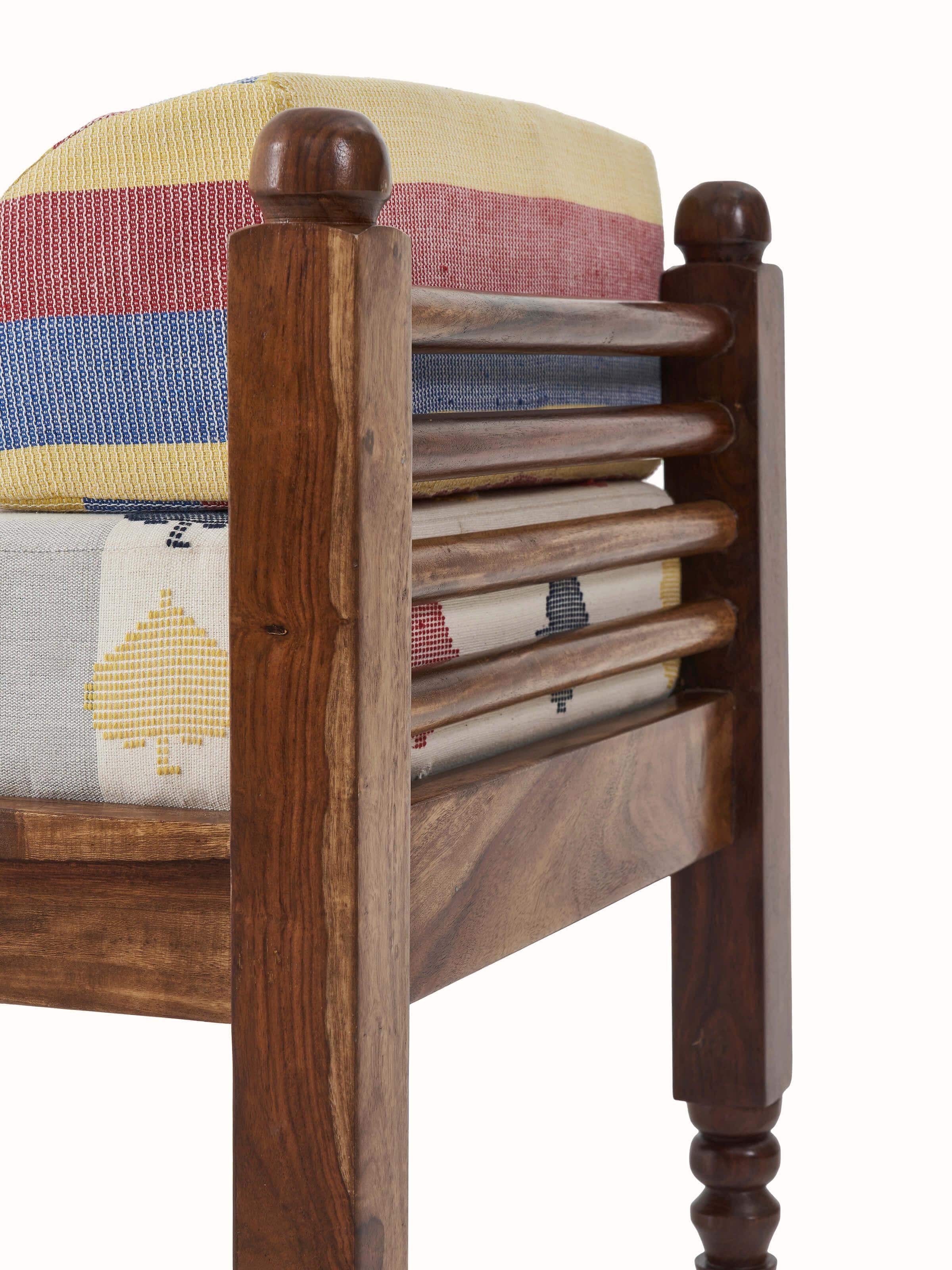 Top view of the Bawan buti upholstered sheesham wood 2-seater bench, highlighting the pattern and upholstery details.