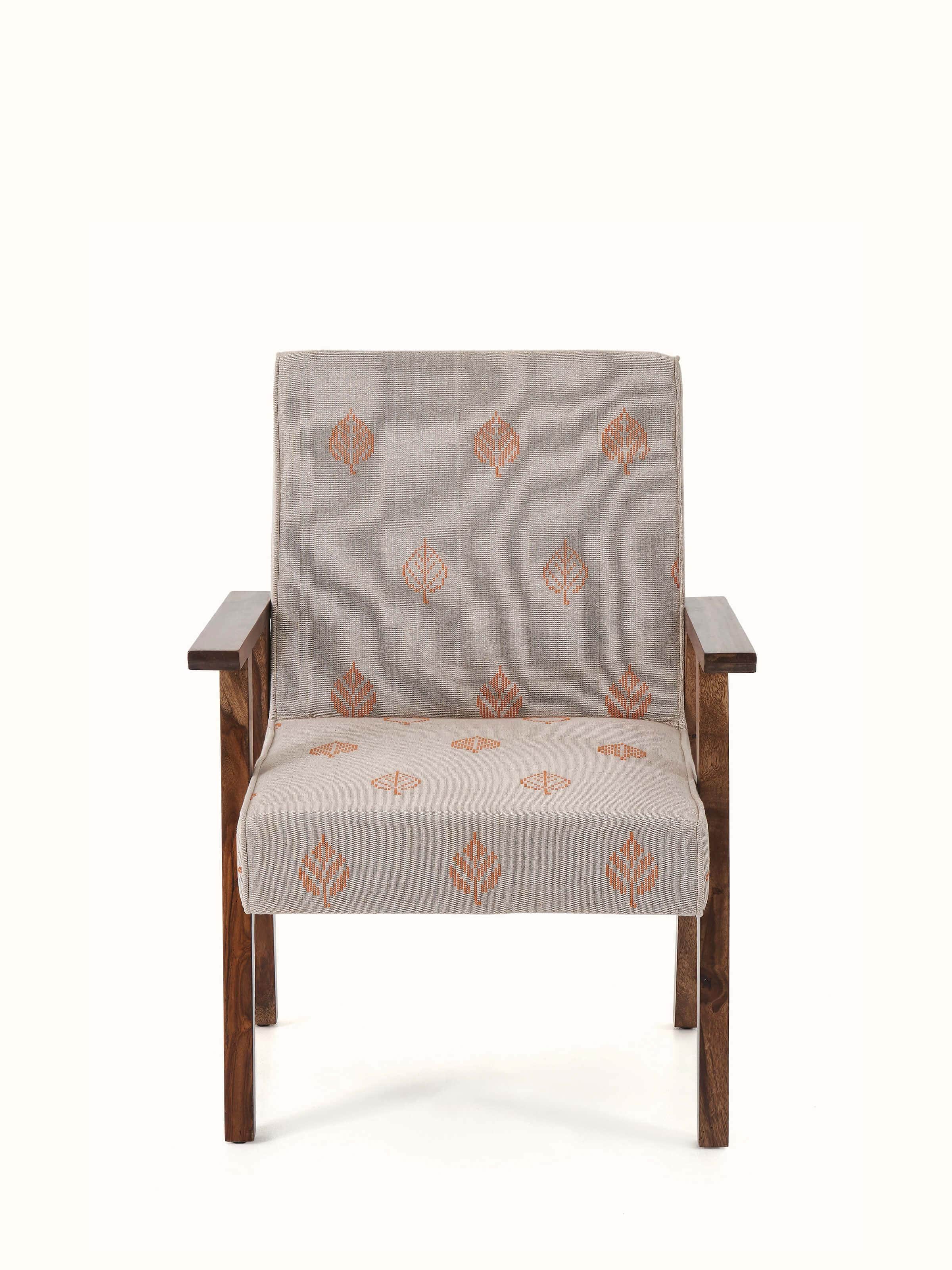 Front view of Bawan Buti upholstered Sheesham wood study chair, highlighting its traditional design and craftsmanship.