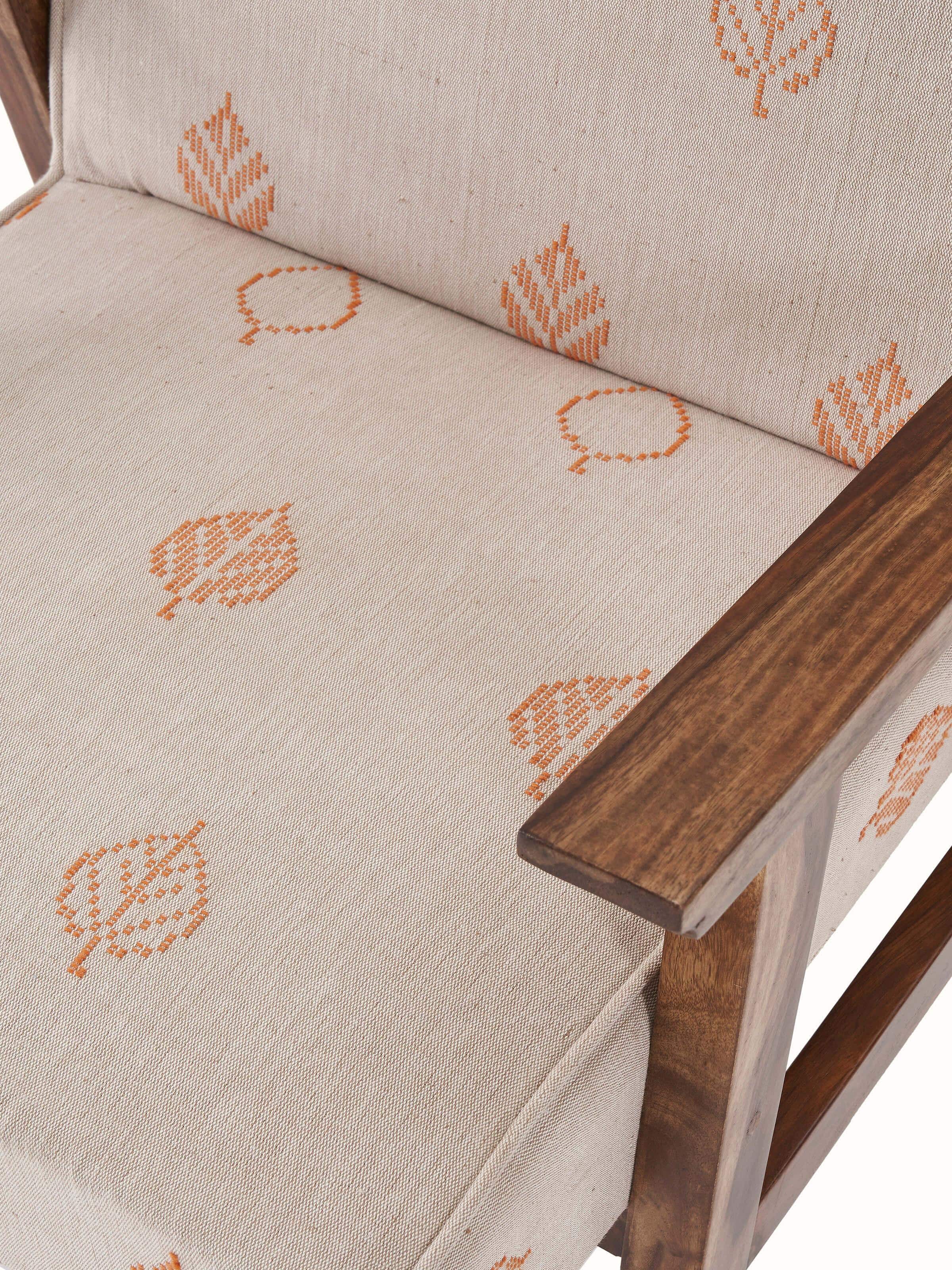 Close-up of the Bawan Buti upholstery on the study chair, highlighting the detailed patterns.