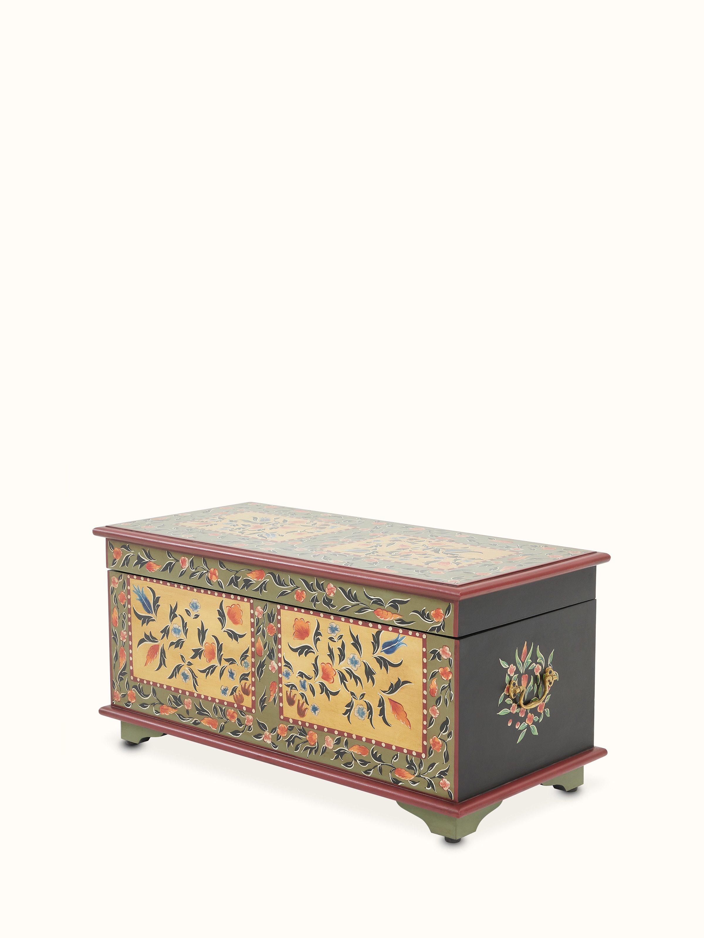 Top view of Miniature Painted Trunk, emphasizing the colorful and elaborate painting on its surface