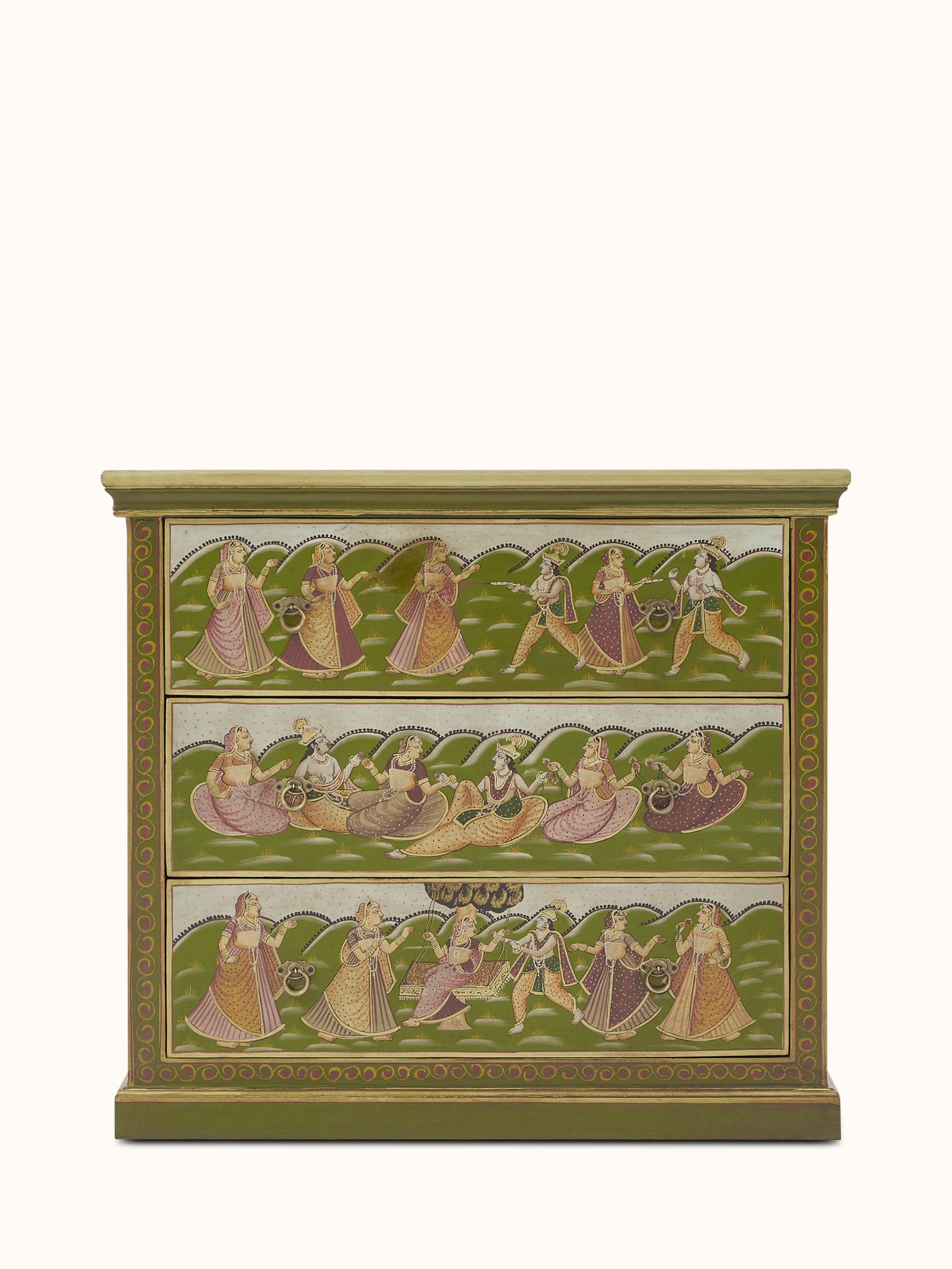Front view of Miniature Painted Chest with 3 Drawers, showcasing colorful hand-painted details and compact design
