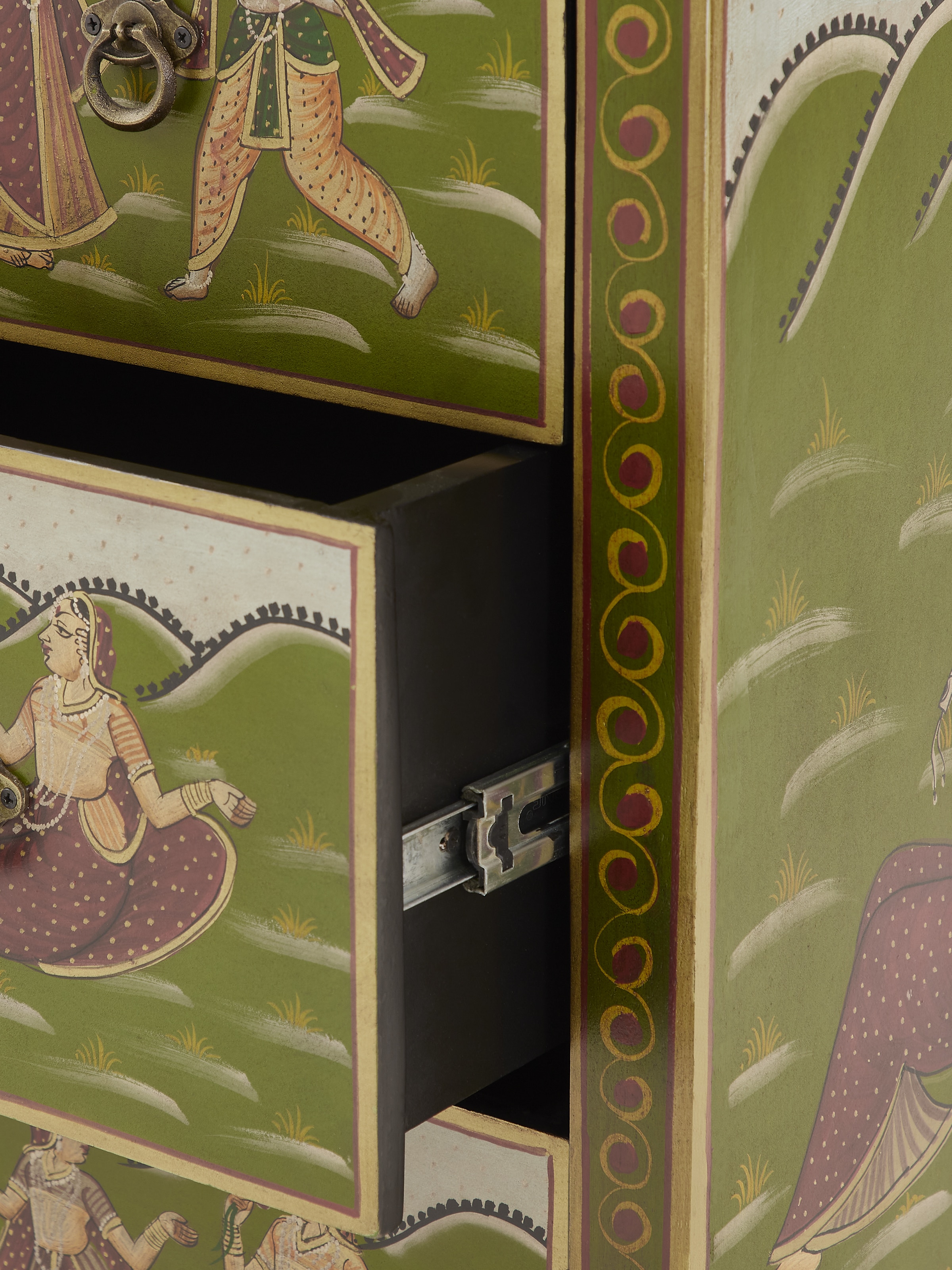 Side angle view of Miniature Painted Chest with 3 Drawers, showing the artwork and the quality of craftsmanship