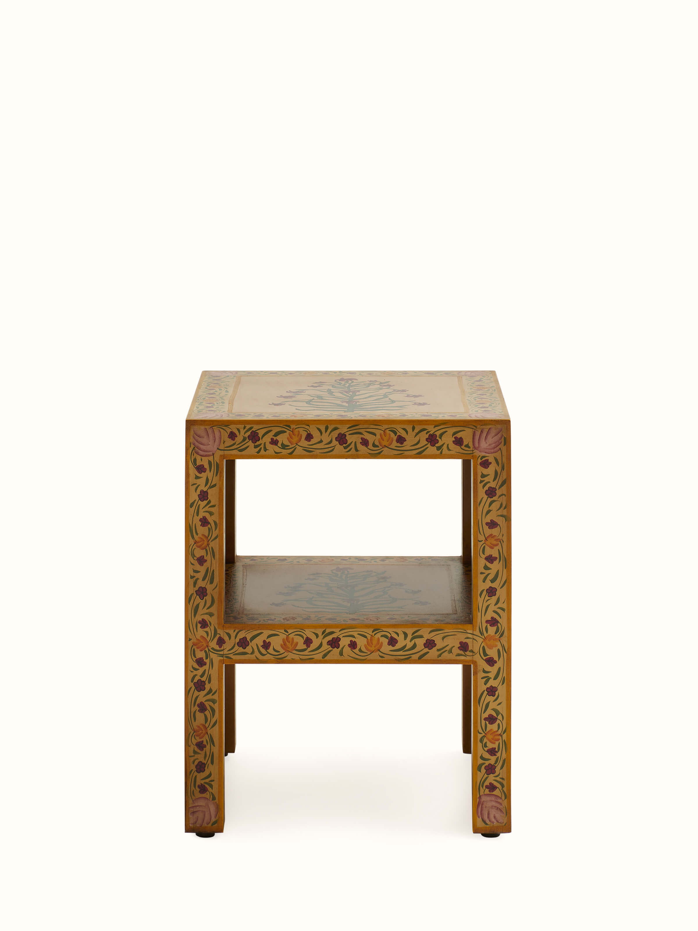 Front view of miniature painted end table, showcasing intricate hand-painted details and elegant design.